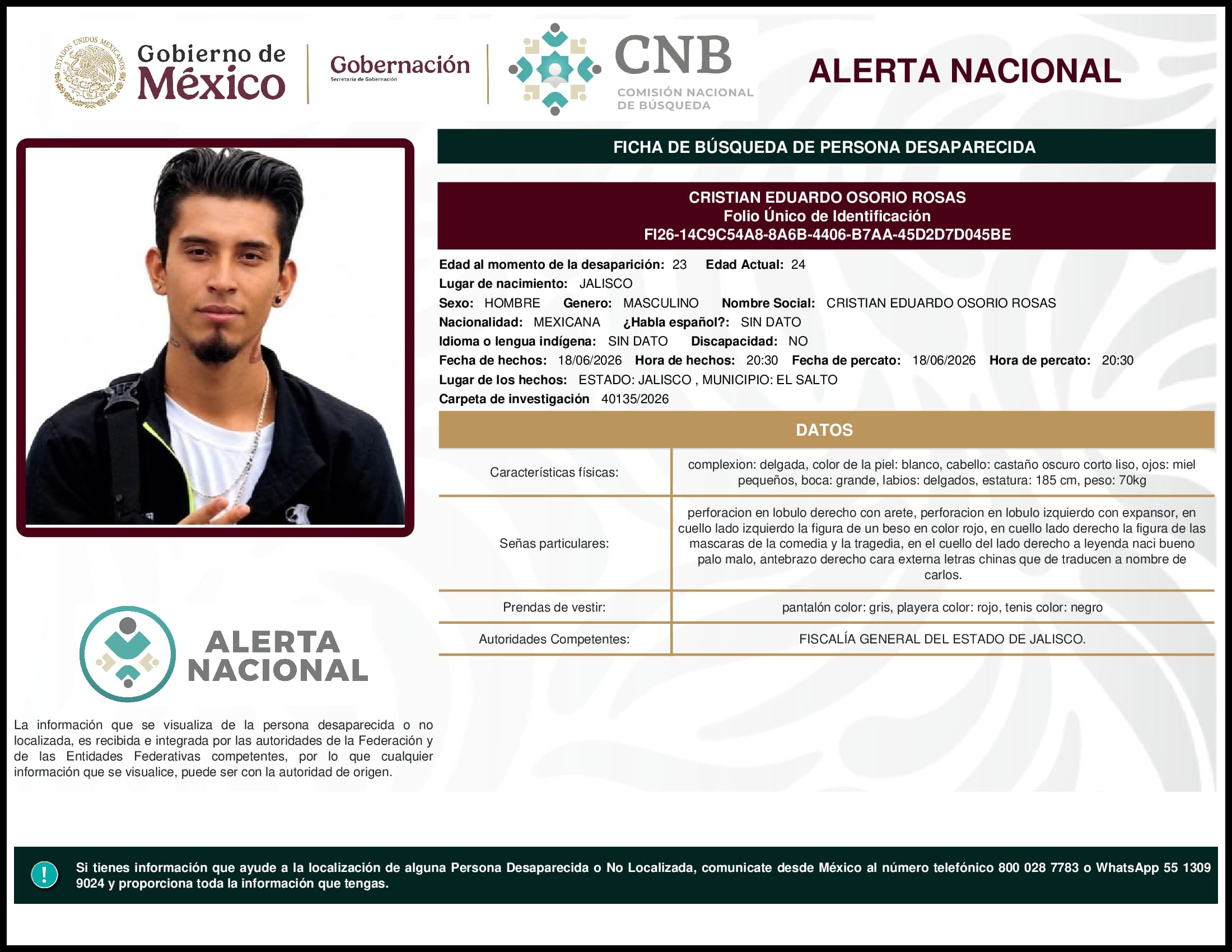 Persona desaparecida Cristian Eduardo Osorio Rosas