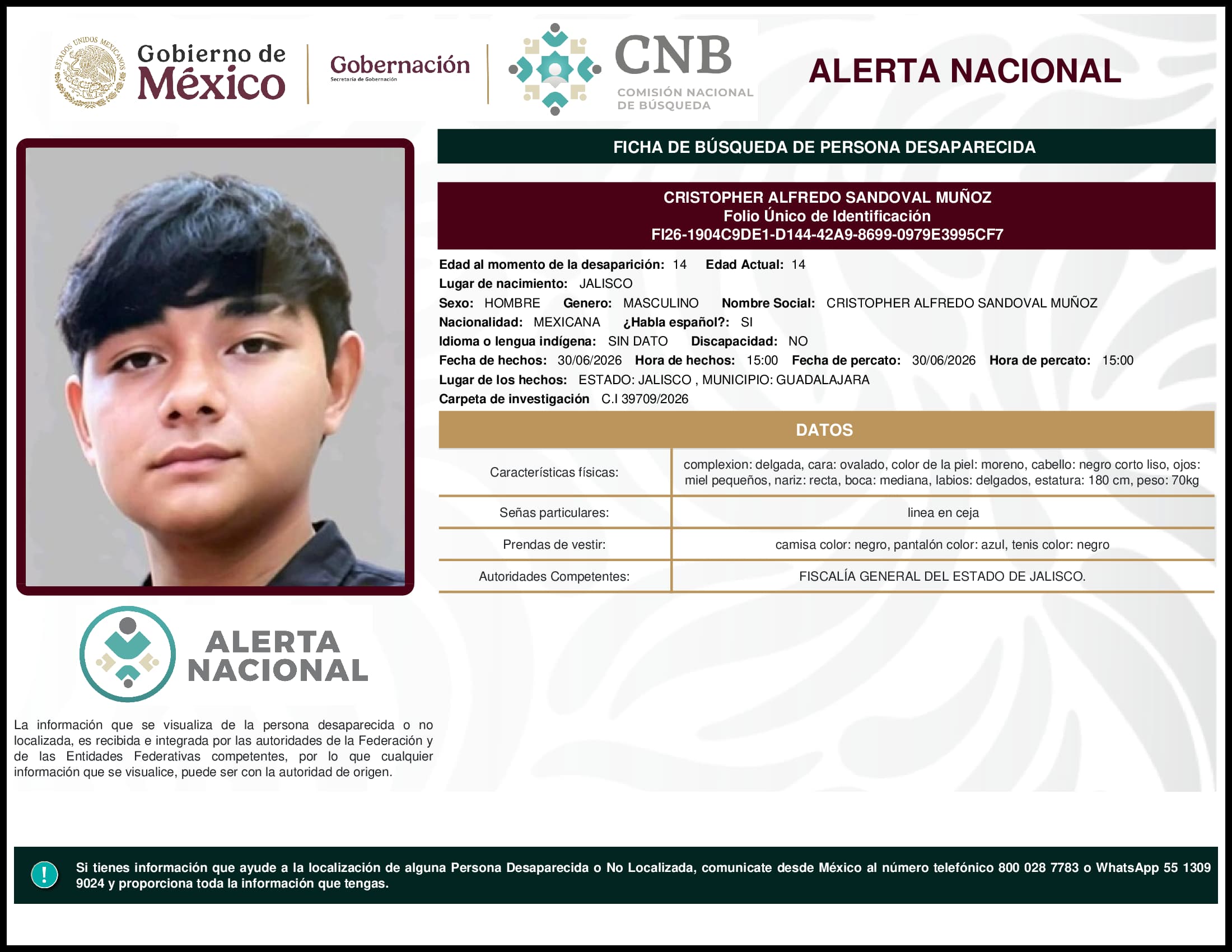 Persona desaparecida Cristopher Alfredo Sandoval Munoz