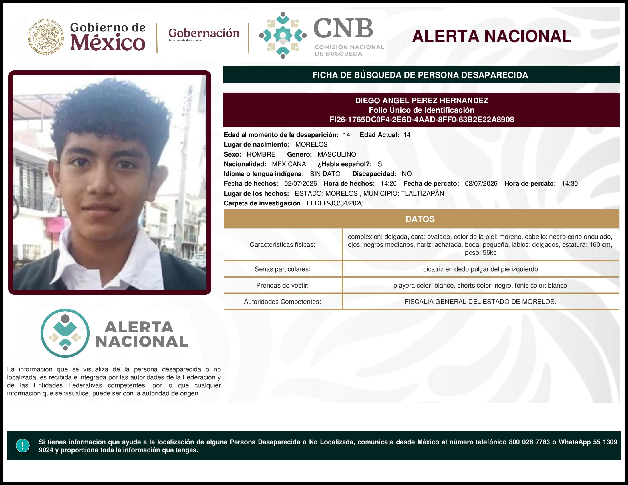 Persona desaparecida Diego Angel Perez Hernandez