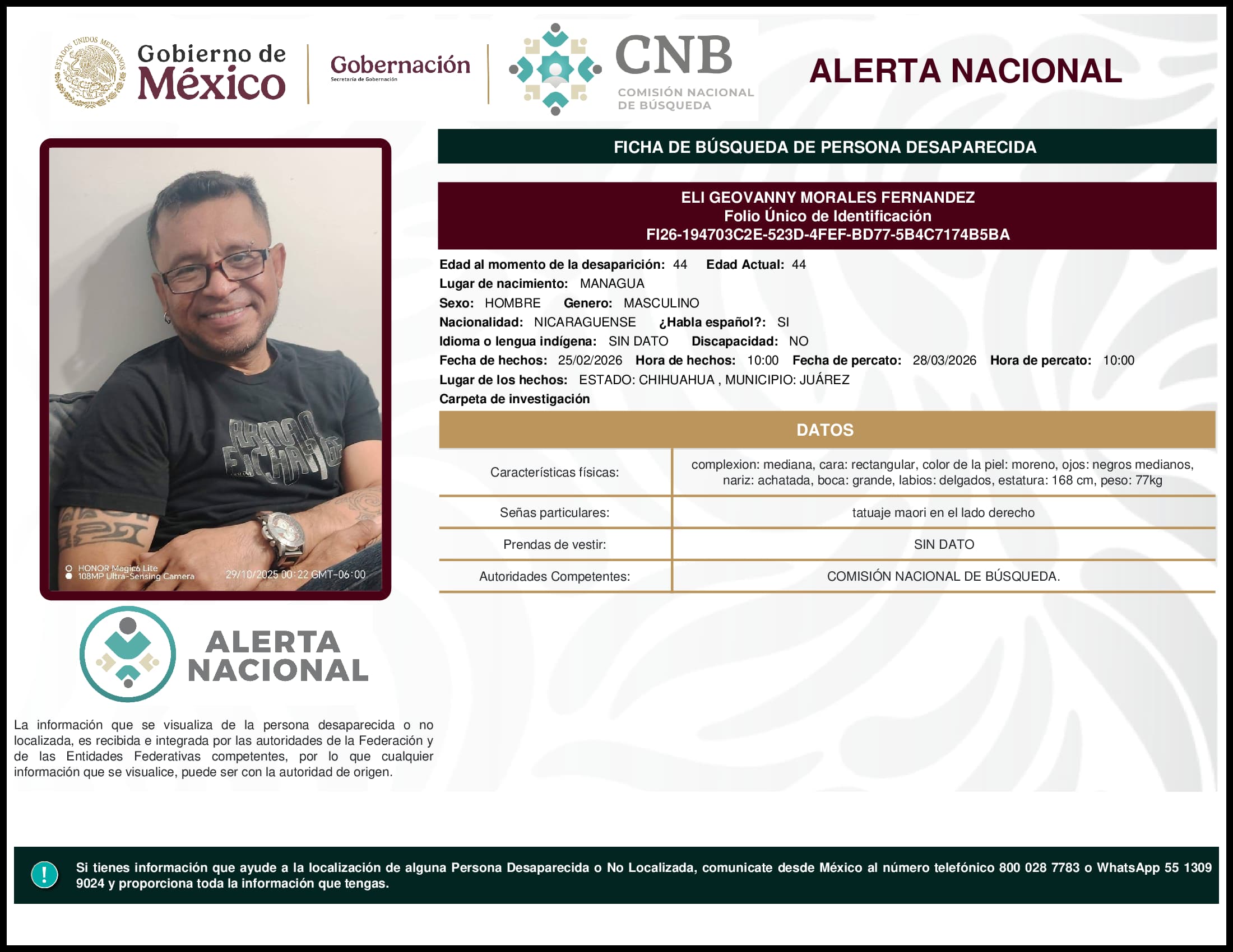 Persona desaparecida Eli Geovanny Morales Fernandez