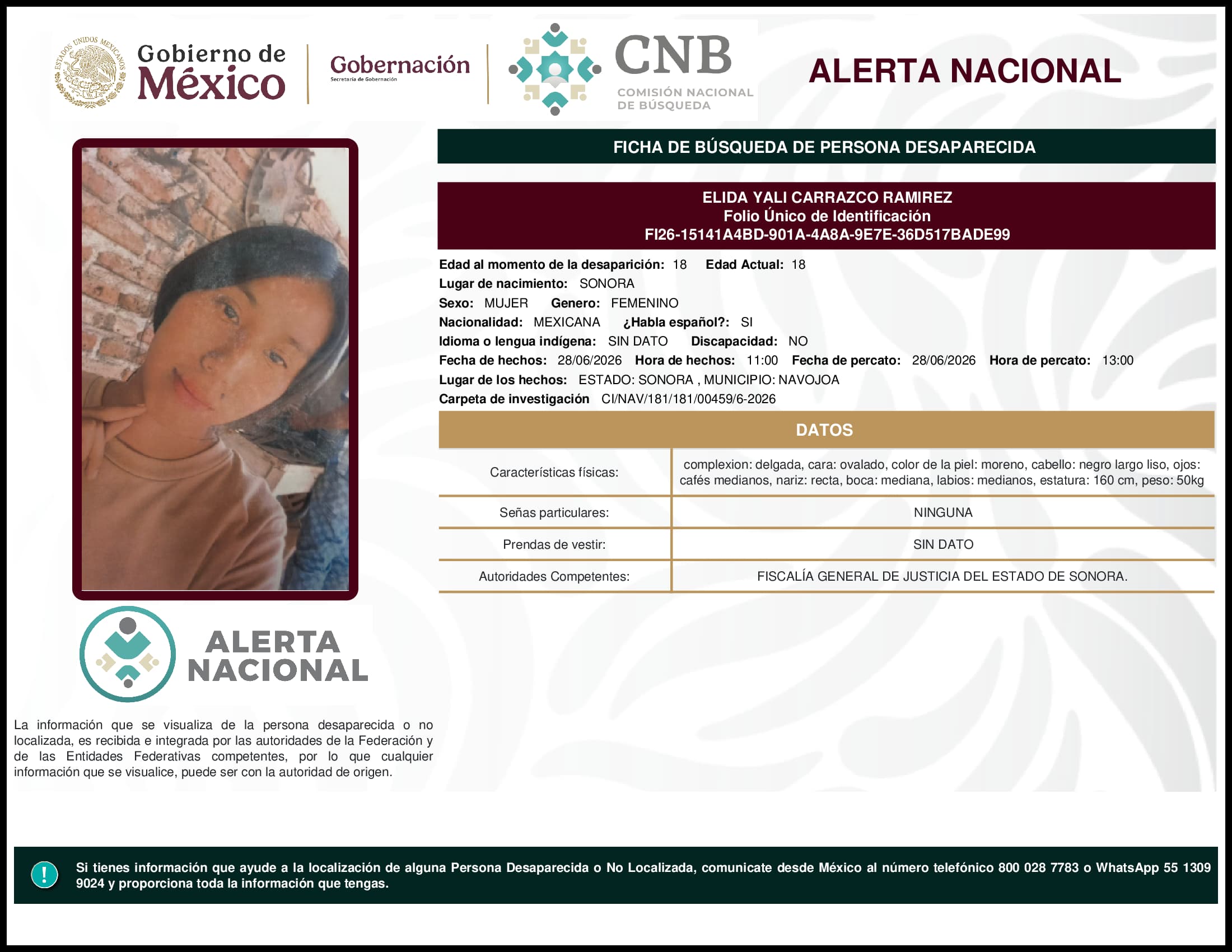 Persona desaparecida Elida Yali Carrazco Ramirez