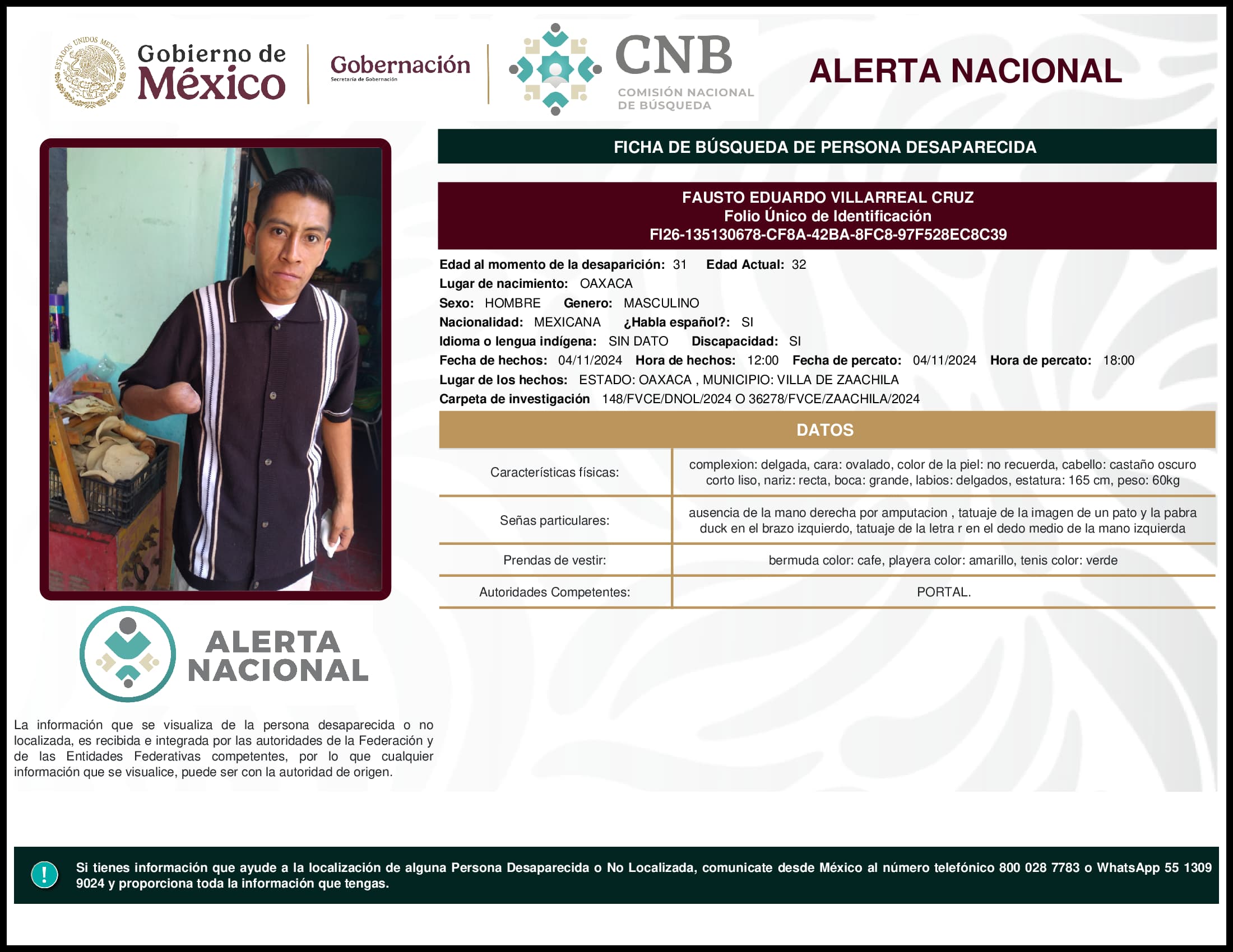 Persona desaparecida Fausto Eduardo Villarreal Cruz