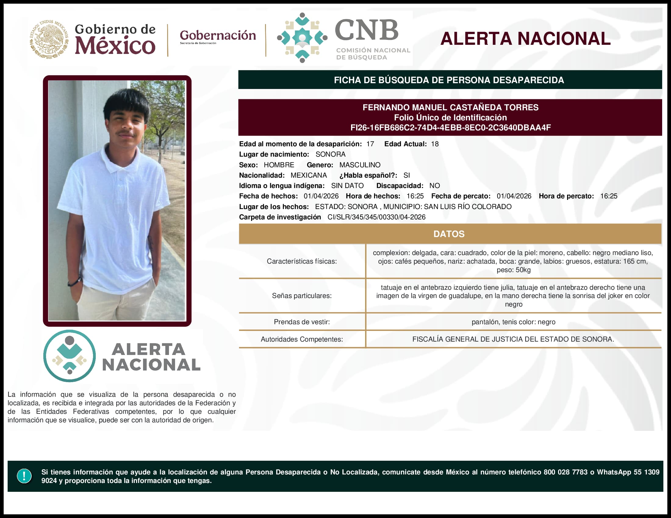Persona desaparecida Fernando Manuel Castañeda Torres