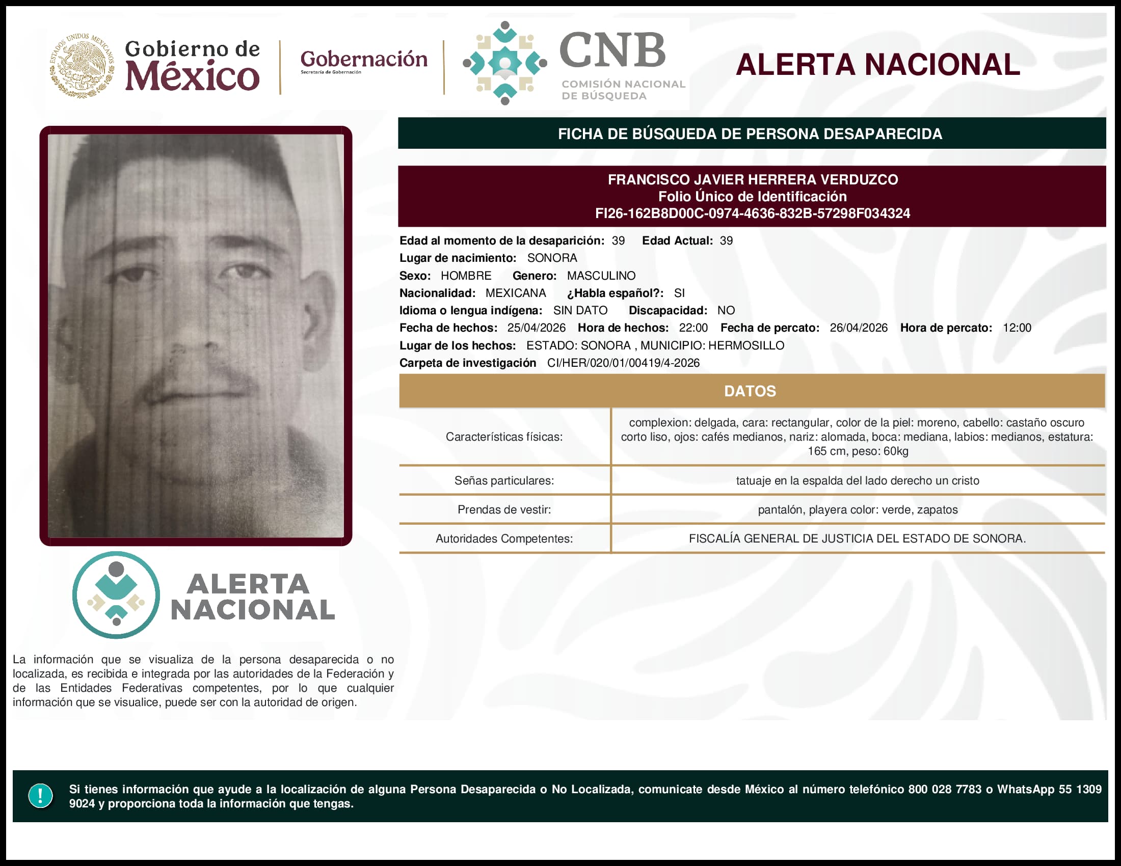 Persona desaparecida Francisco Javier Herrera Verduzco