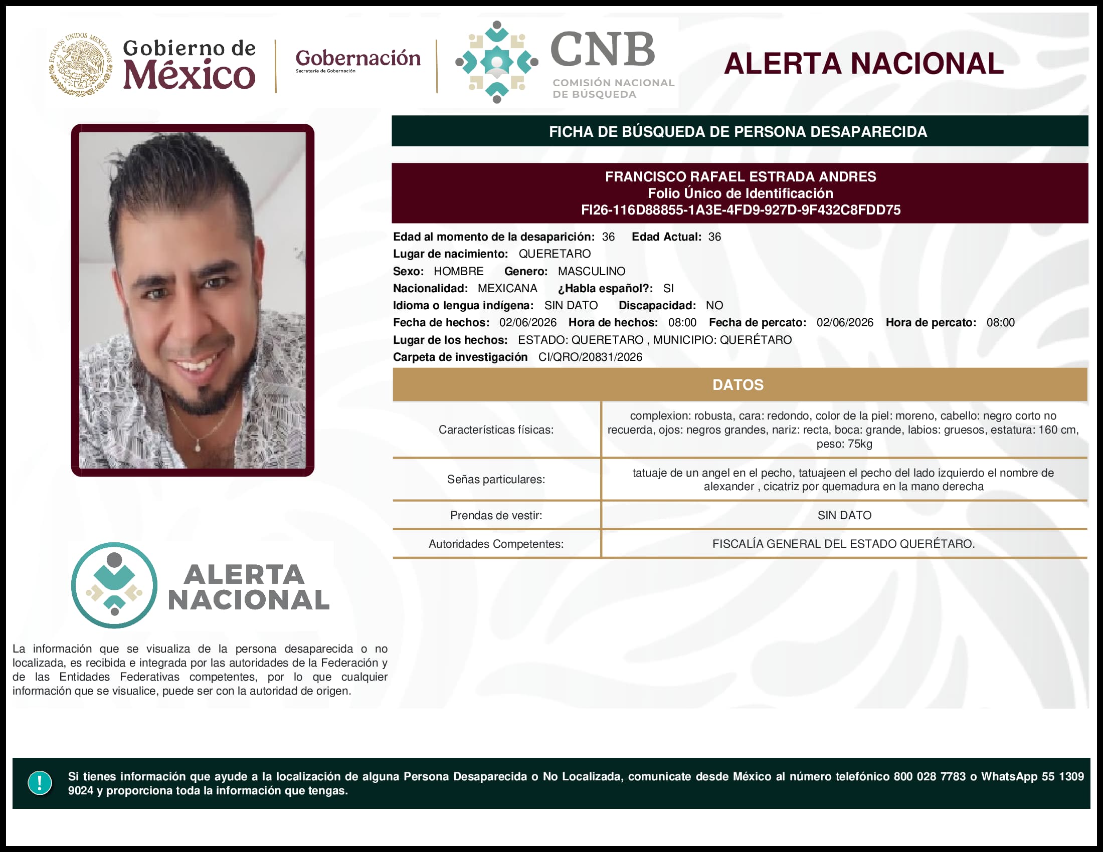Persona desaparecida Francisco Rafael Estrada Andres