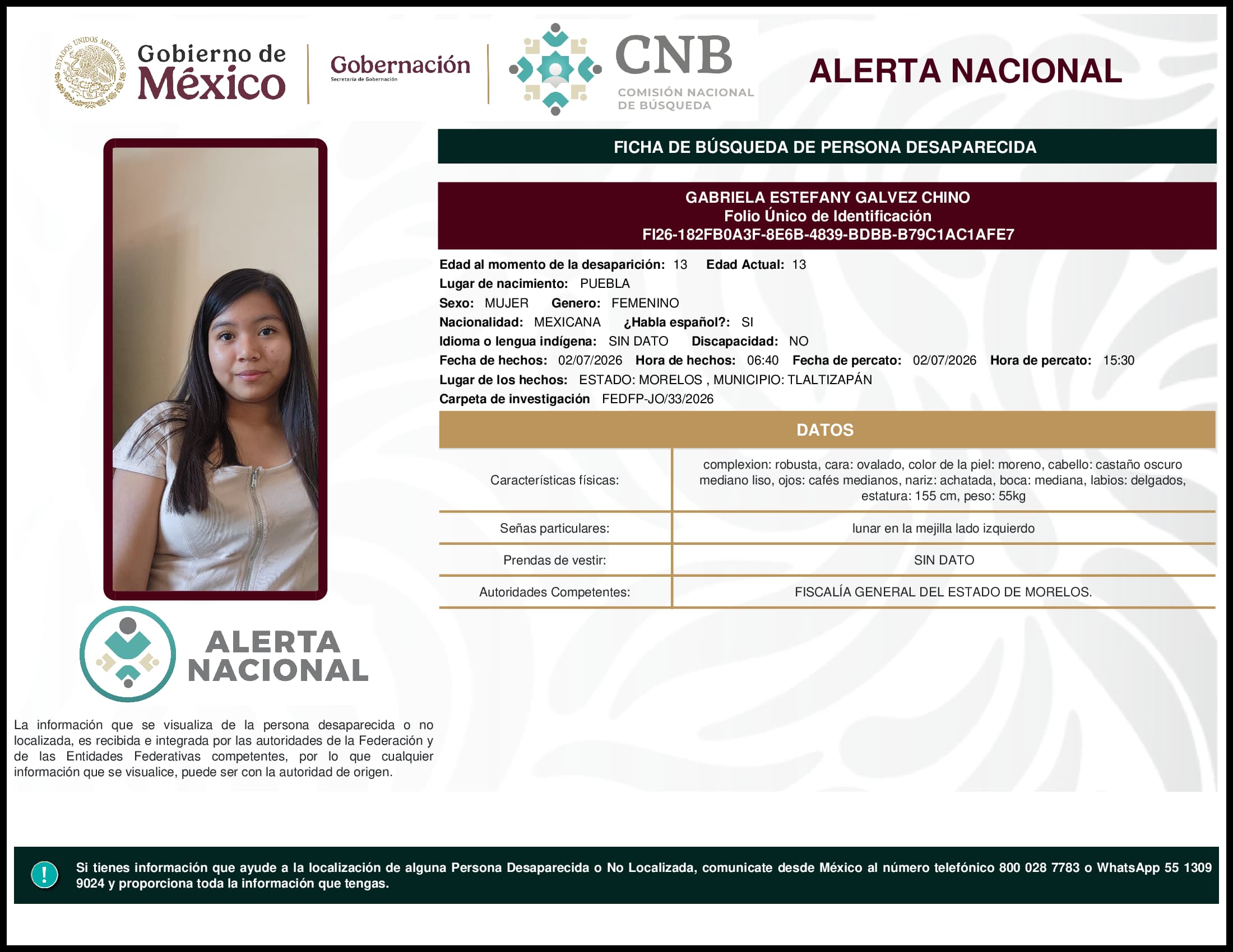 Persona desaparecida Gabriela Estefany Galvez Chino