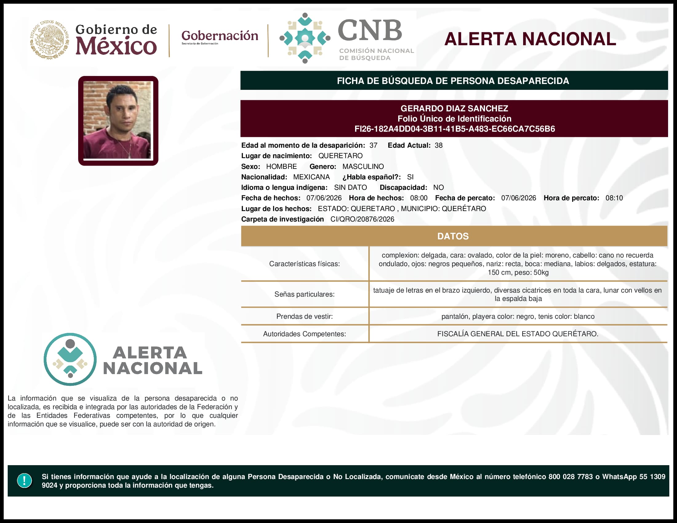 Persona desaparecida Gerardo Diaz Sanchez