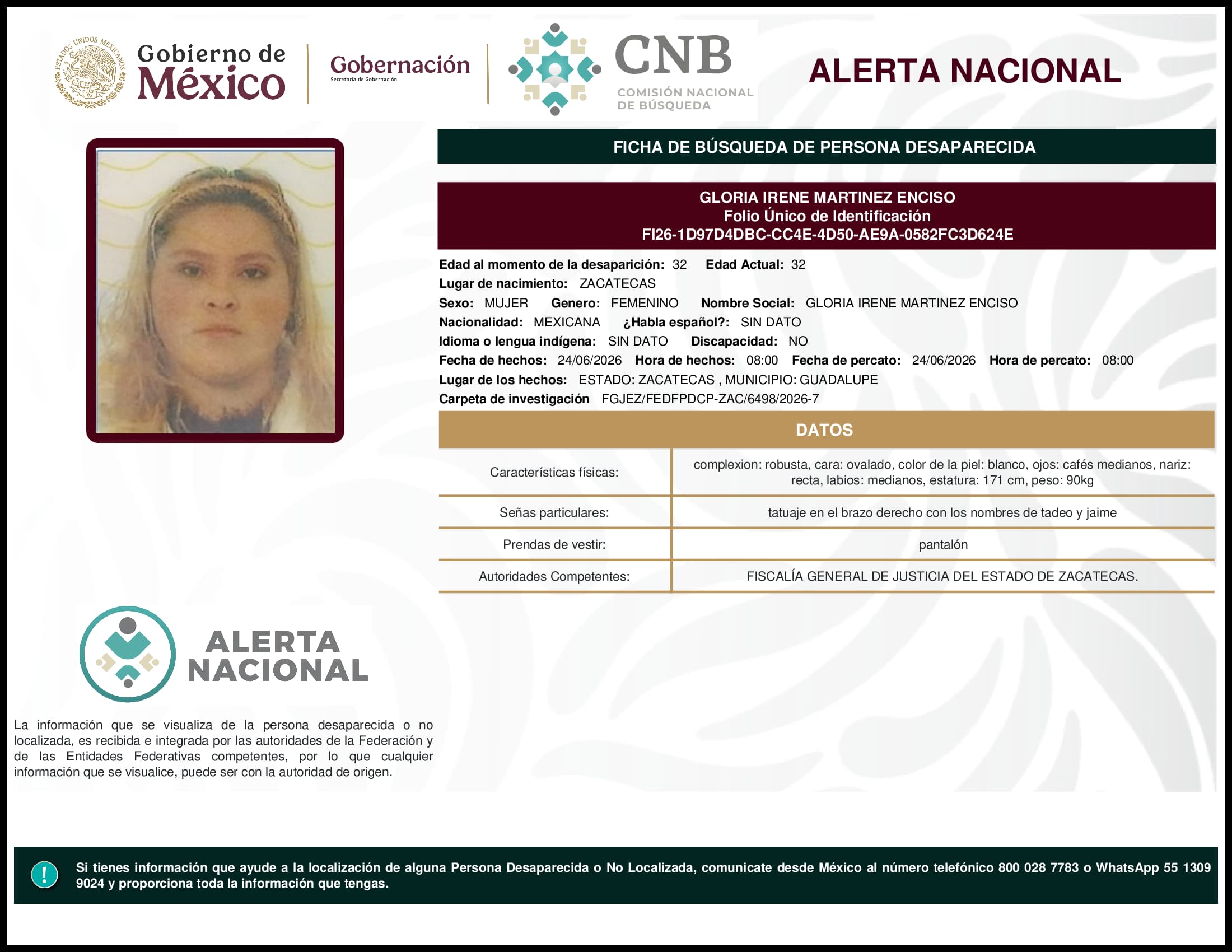 Persona desaparecida Gloria Irene Martinez Enciso