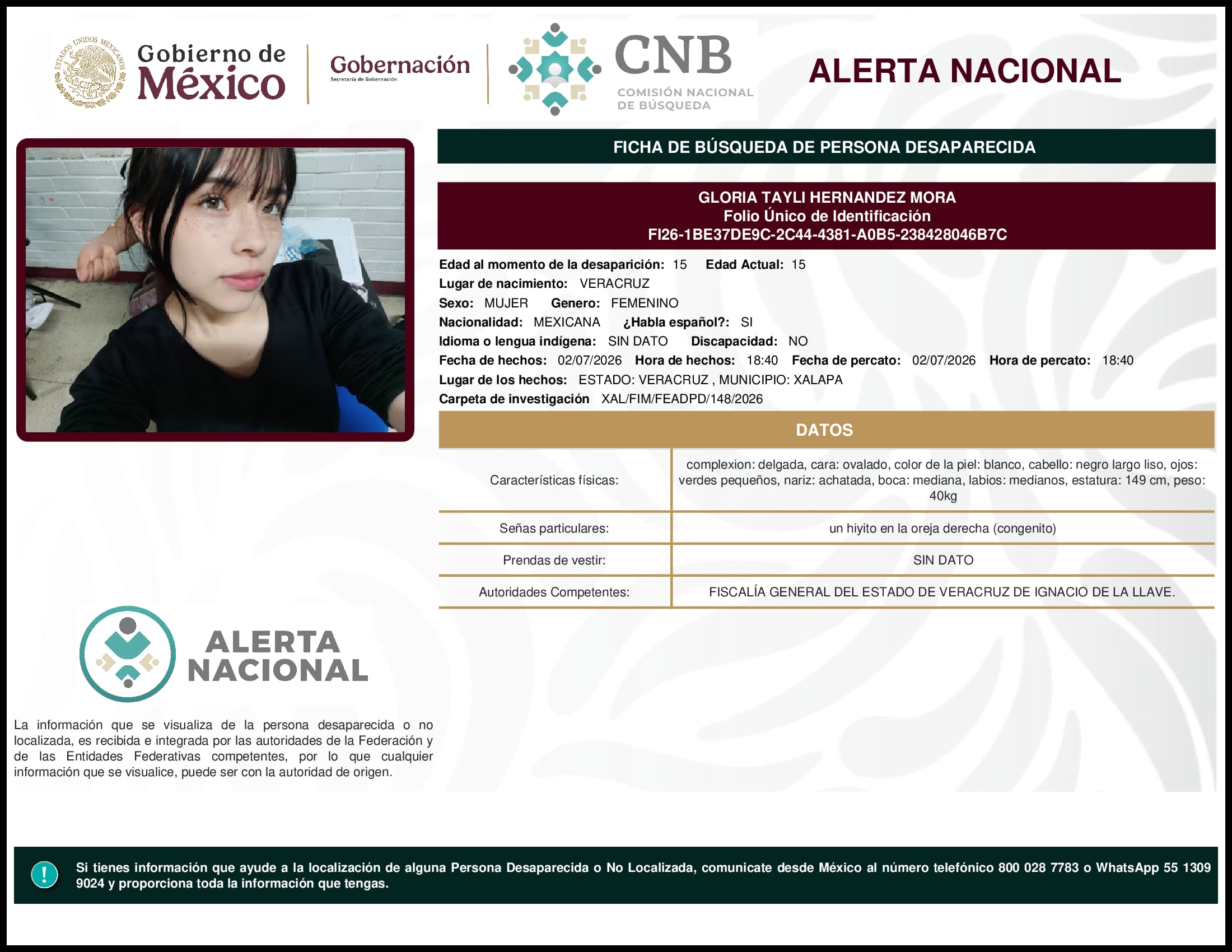 Persona desaparecida Gloria Tayli Hernandez Mora