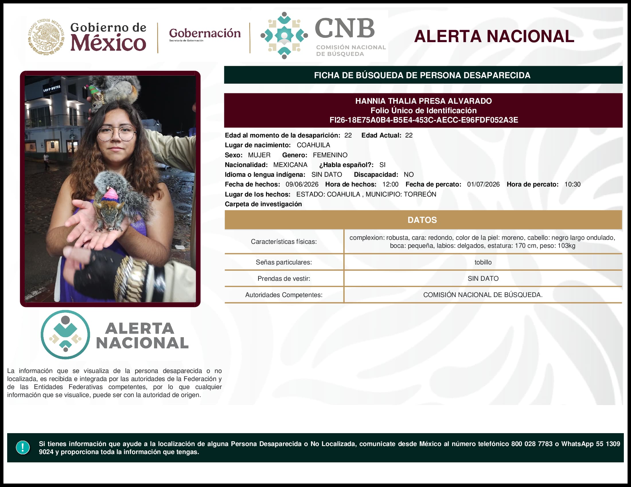 Persona desaparecida Hannia Thalia Presa Alvarado