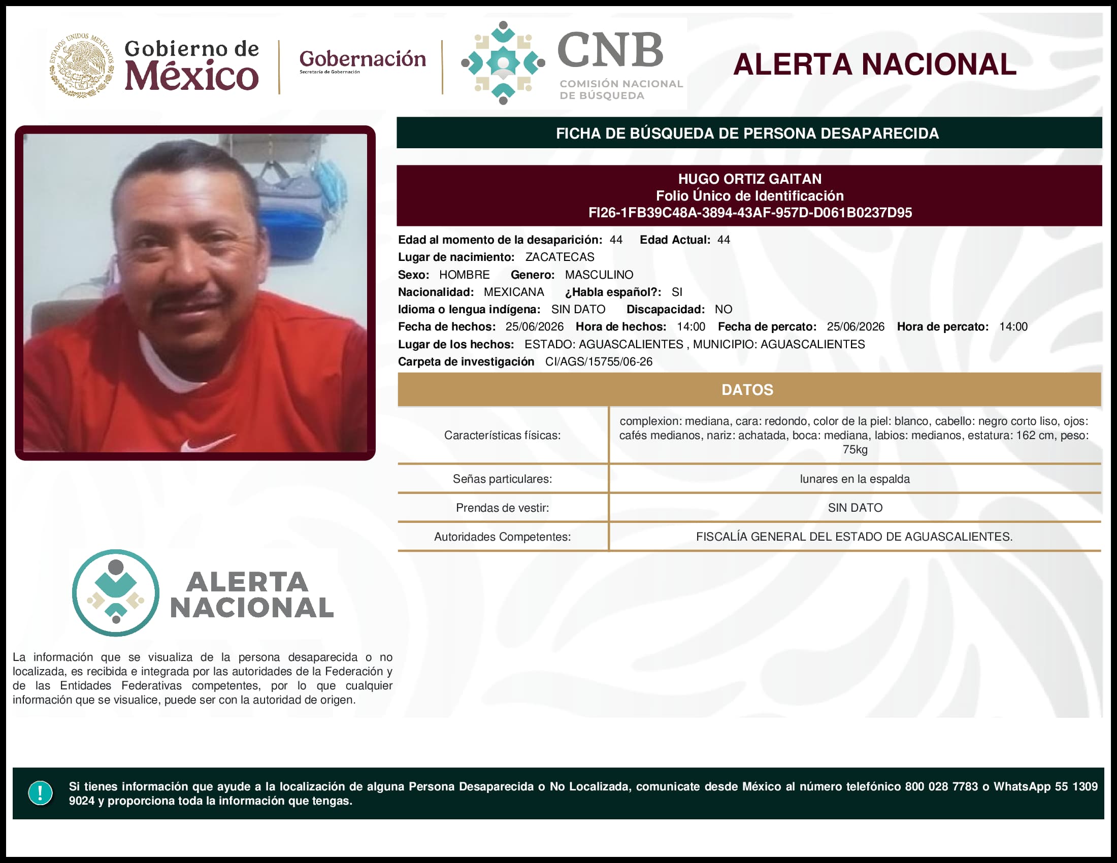 Persona desaparecida Hugo Ortiz Gaitan