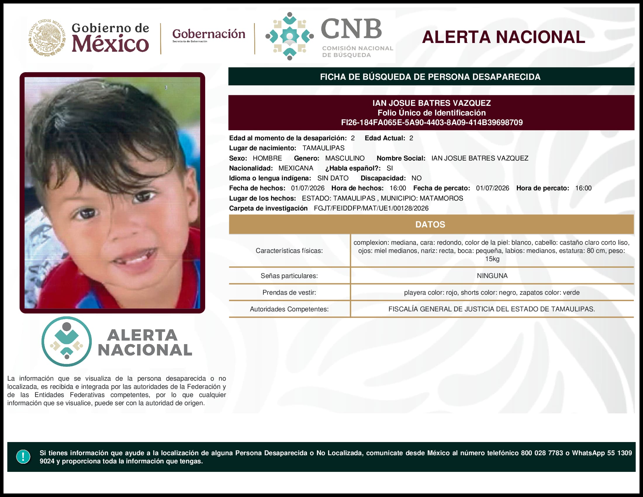 Persona desaparecida Ian Josue Batres Vazquez