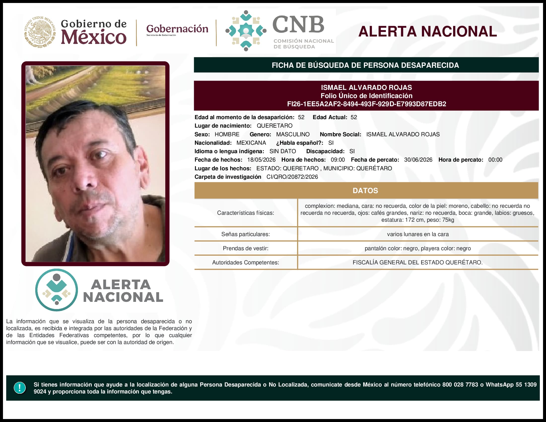 Persona desaparecida Ismael Alvarado Rojas