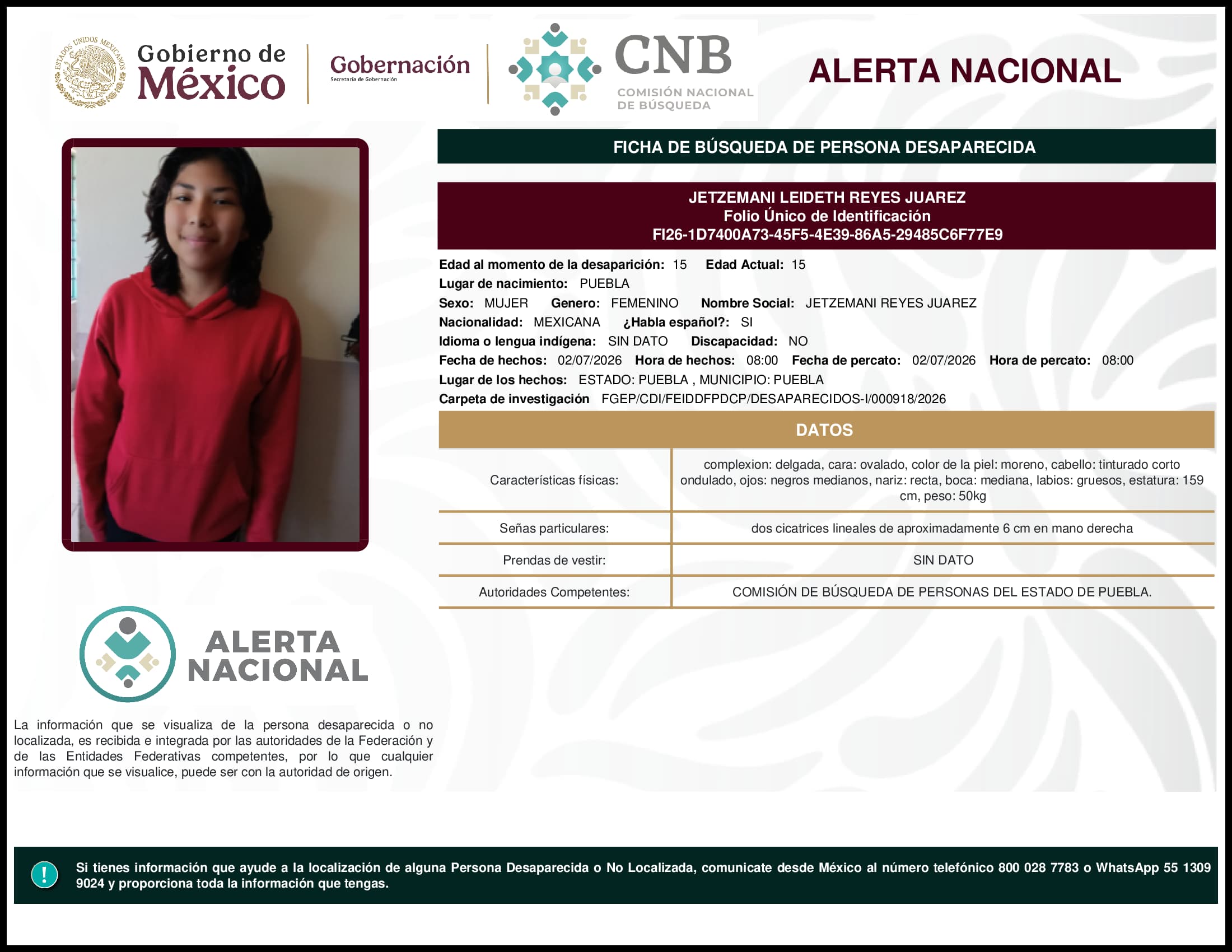 Persona desaparecida Jetzemani Leideth Reyes Juarez