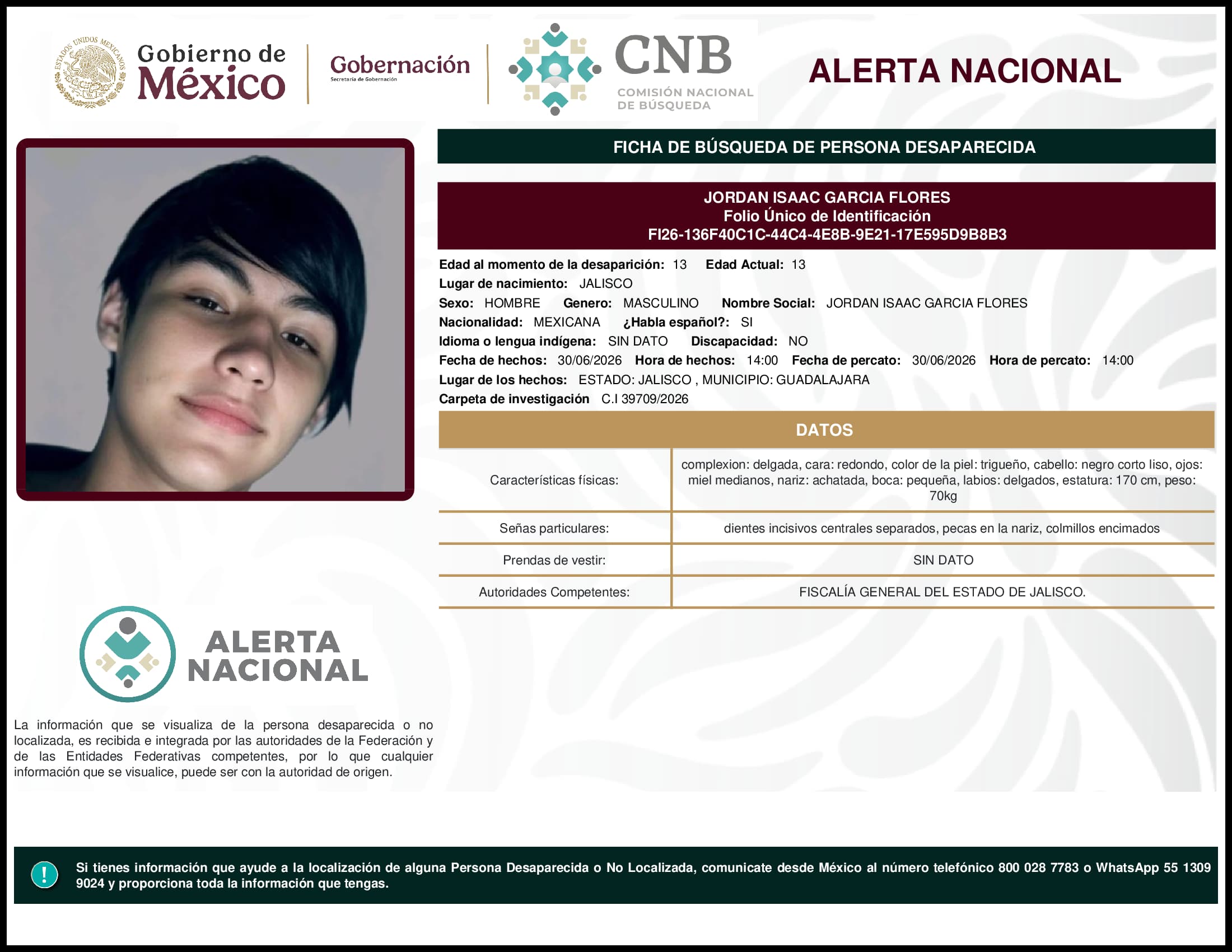 Persona desaparecida Jordan Isaac Garcia Flores