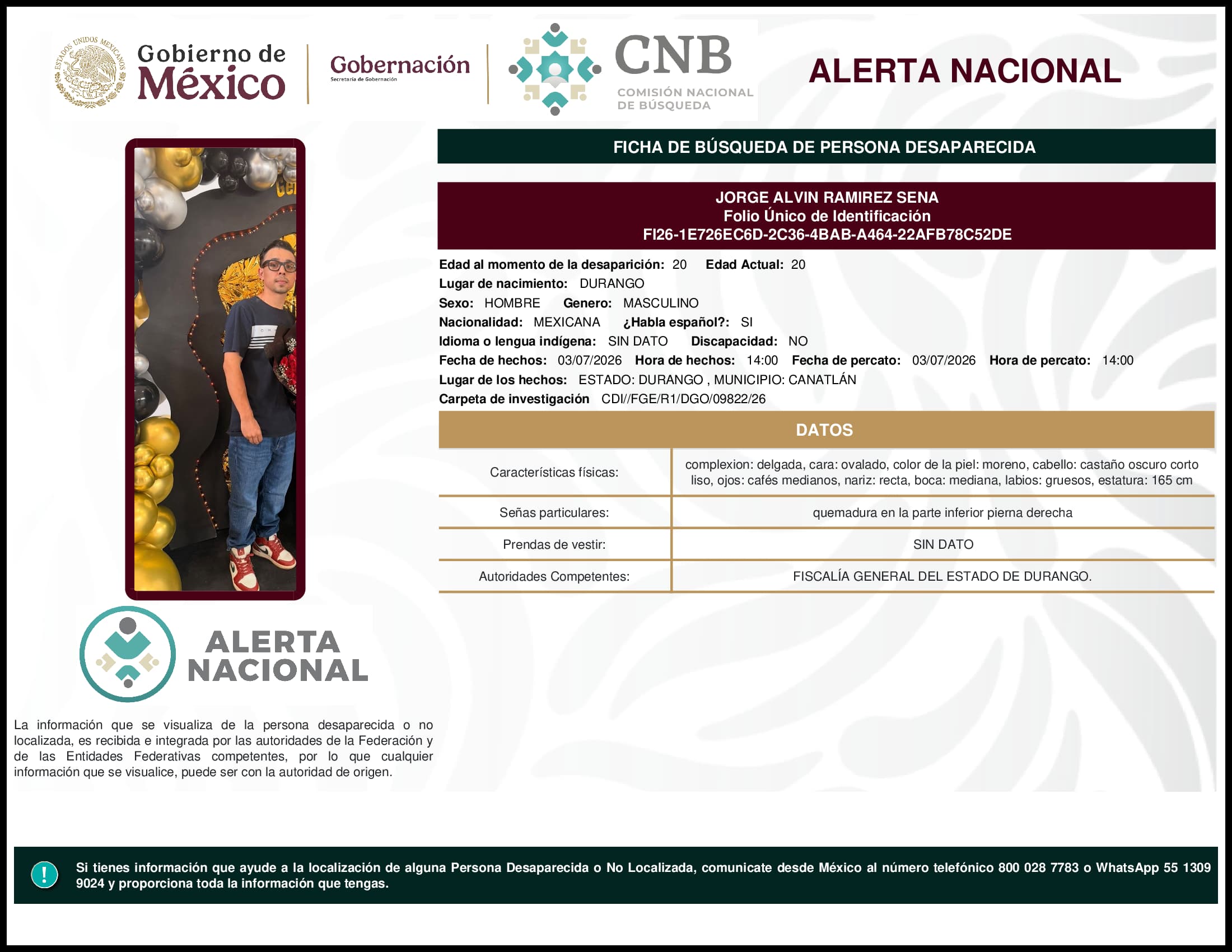 Persona desaparecida Jorge Alvin Ramirez Sena