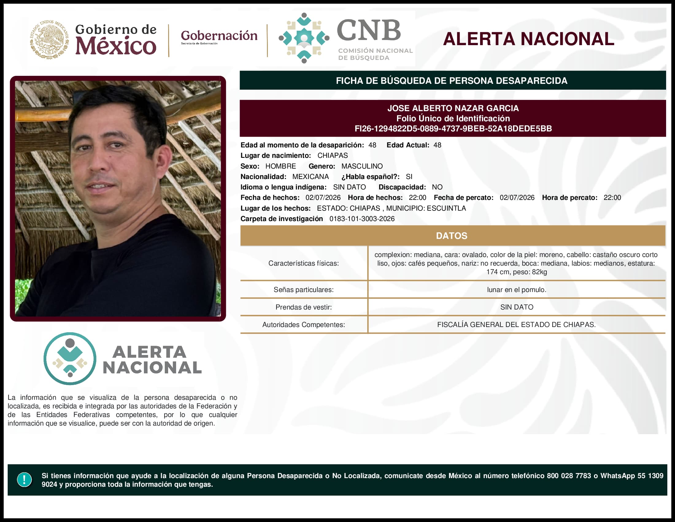Persona desaparecida Jose Alberto Nazar Garcia