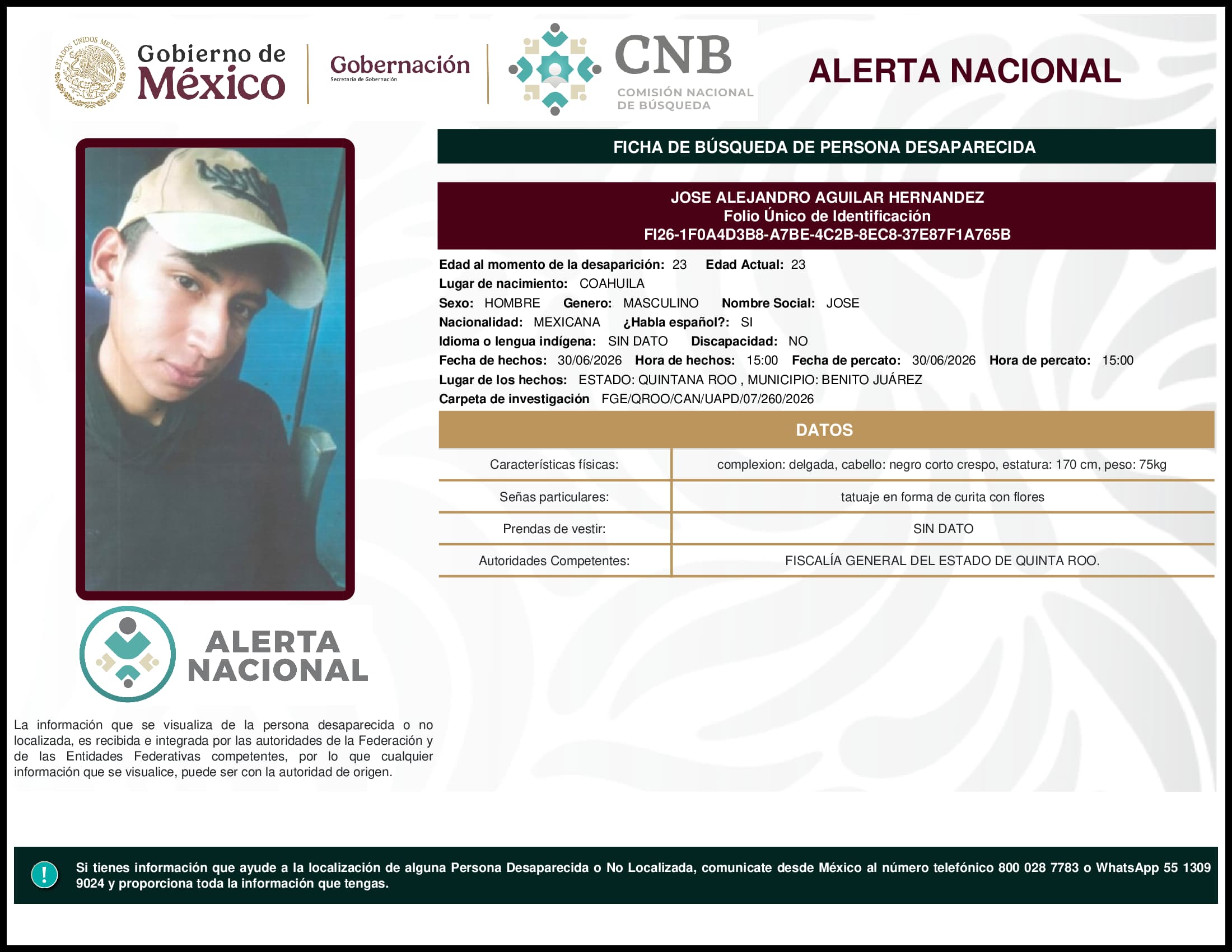 Persona desaparecida Jose Alejandro Aguilar Hernandez