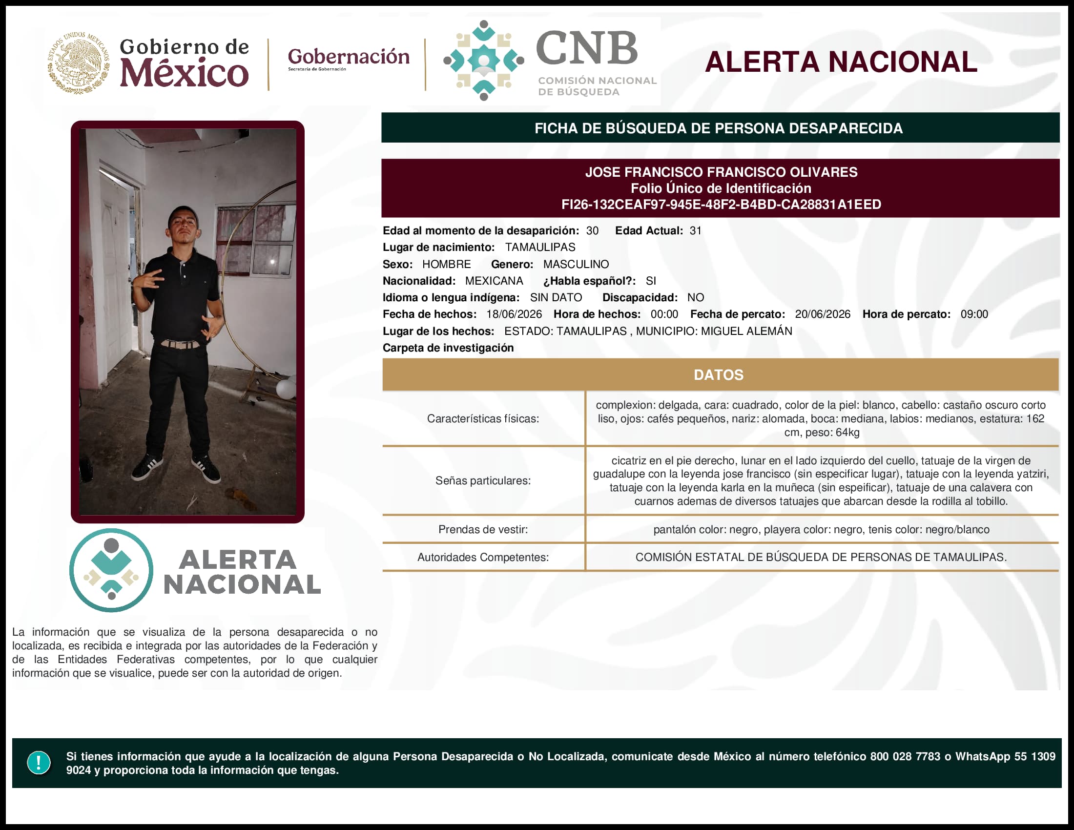Persona desaparecida Jose Francisco Francisco Olivares