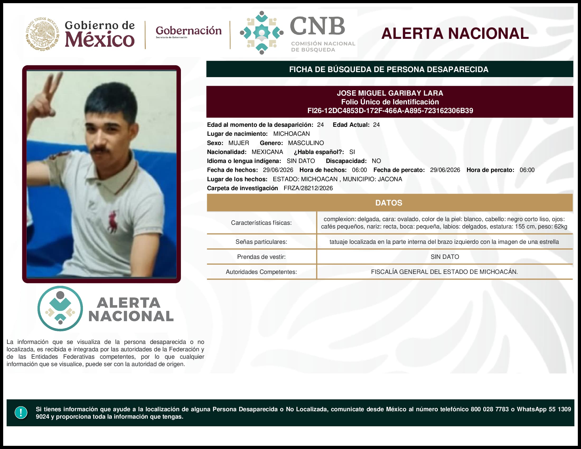 Persona desaparecida Jose Miguel Garibay Lara
