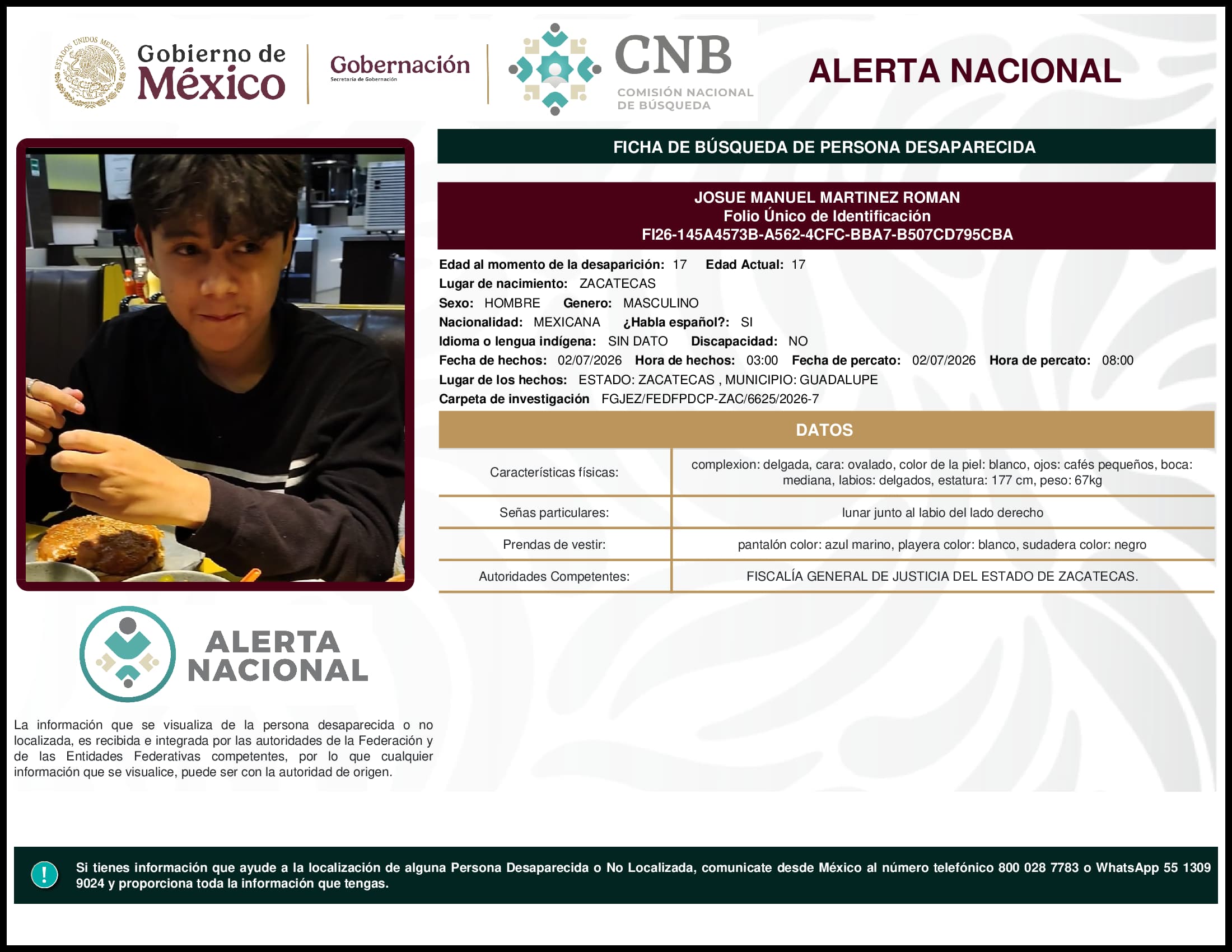 Persona desaparecida Josue Manuel Martinez Roman