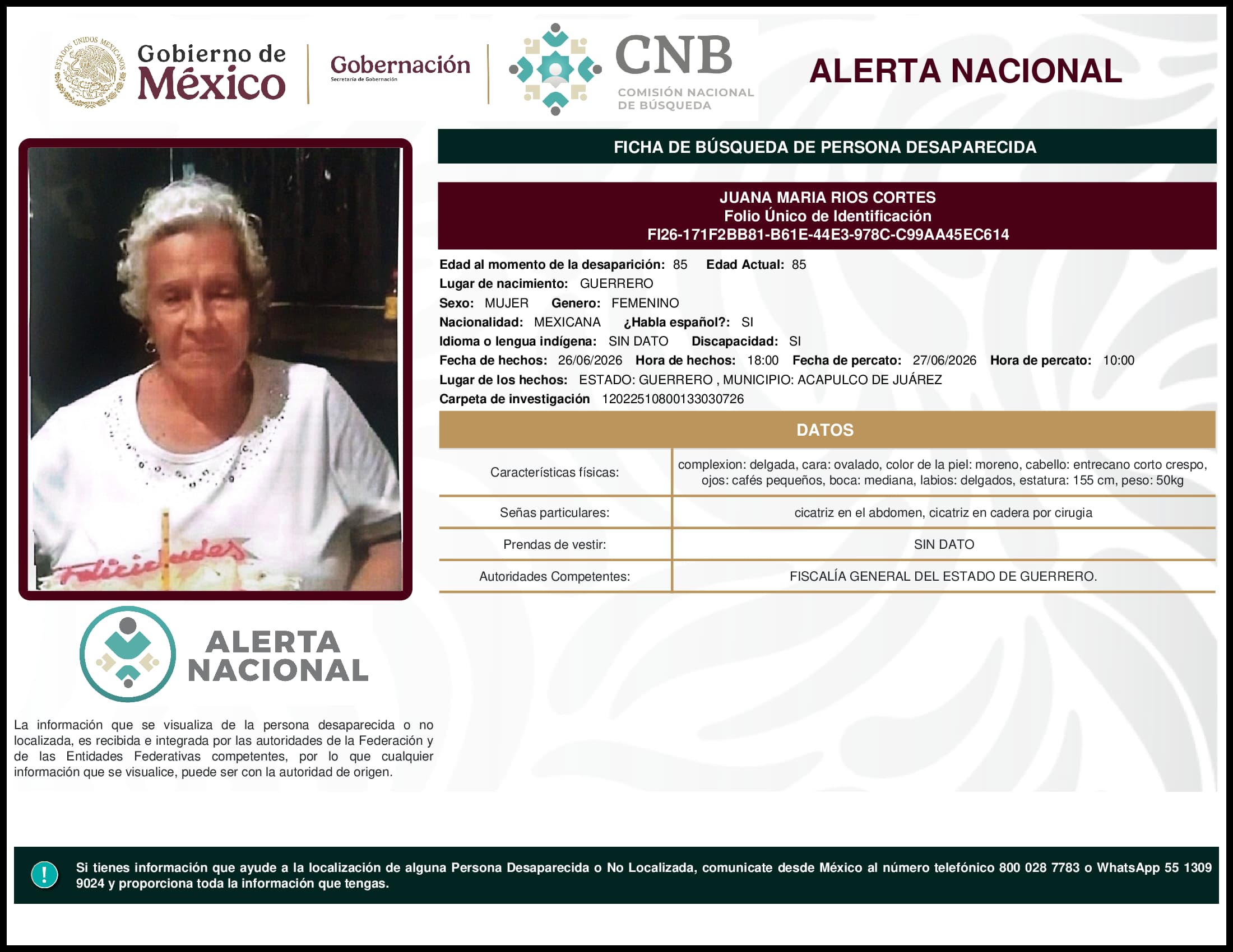 Persona desaparecida Juana Maria Rios Cortes