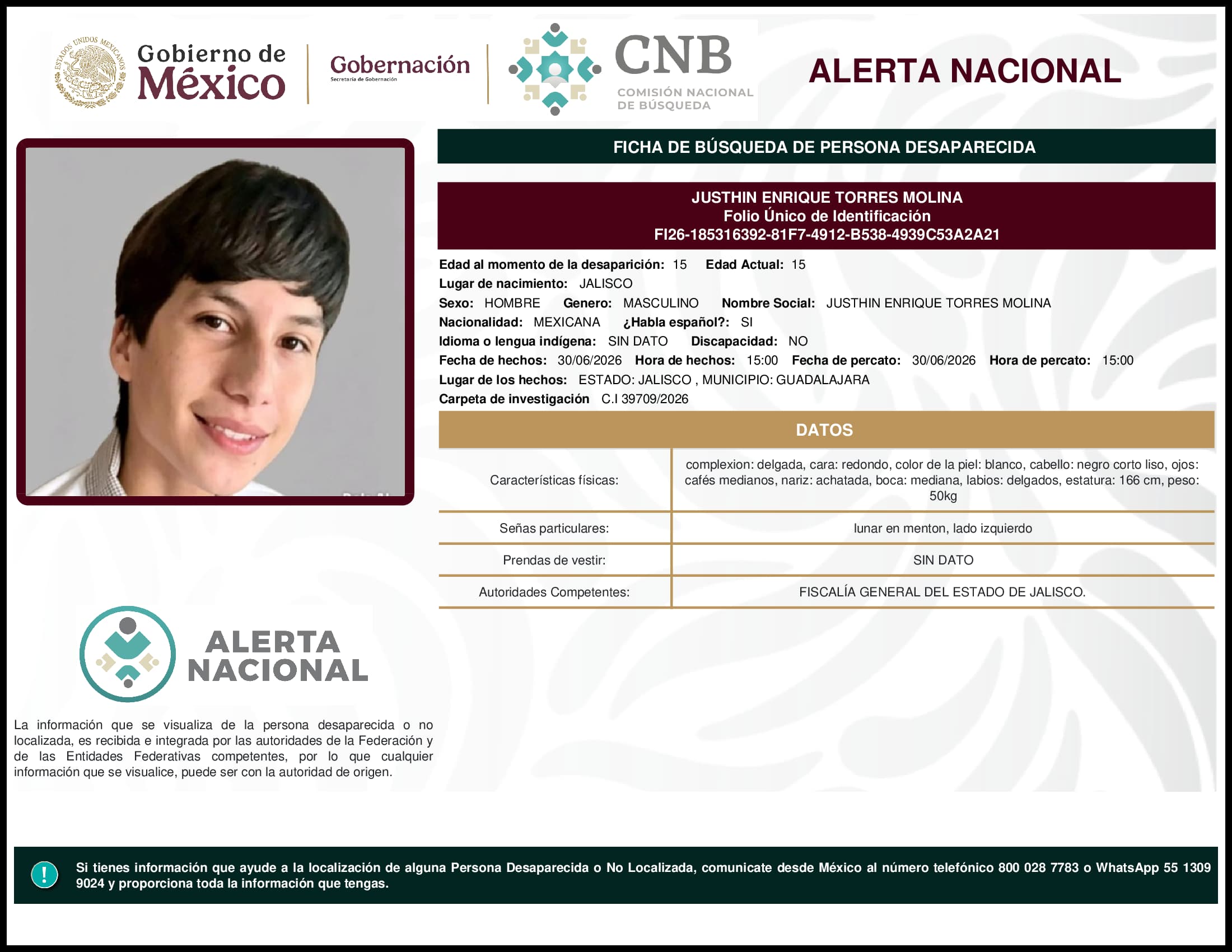 Persona desaparecida Justhin Enrique Torres Molina