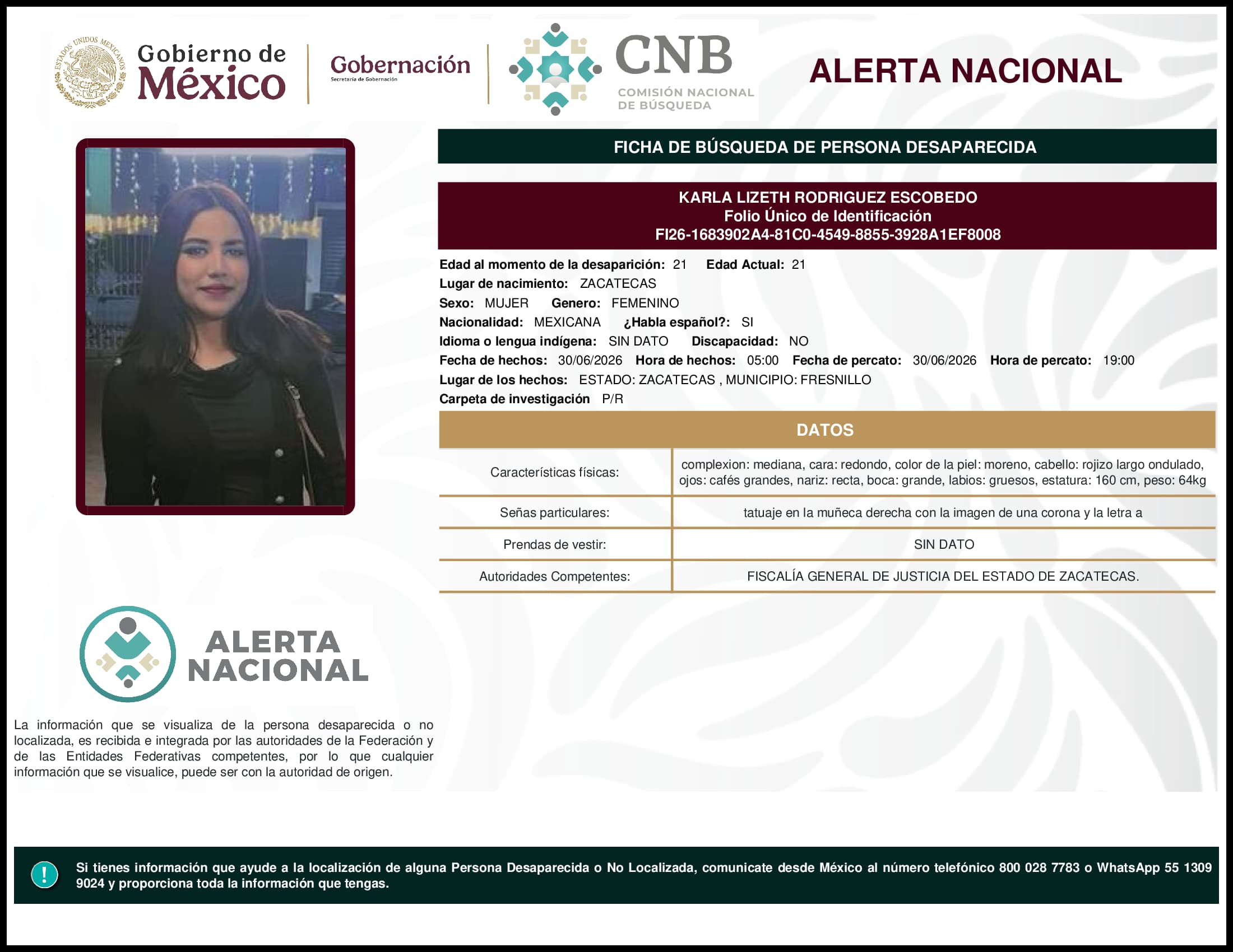 Persona desaparecida Karla Lizeth Rodriguez Escobedo
