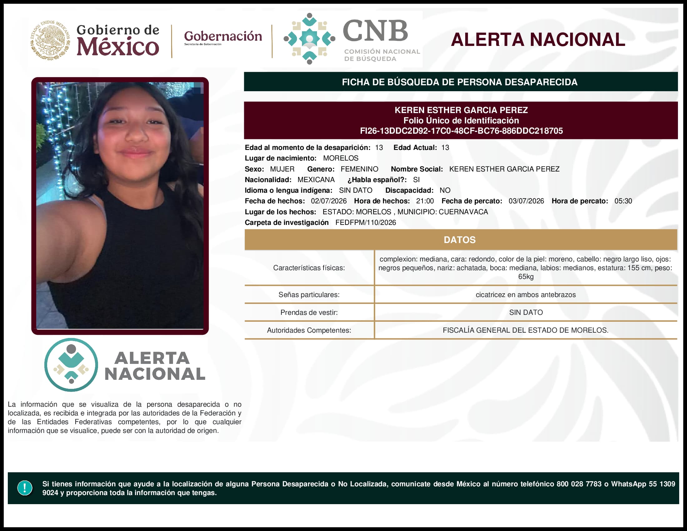 Persona desaparecida Keren Esther Garcia Perez