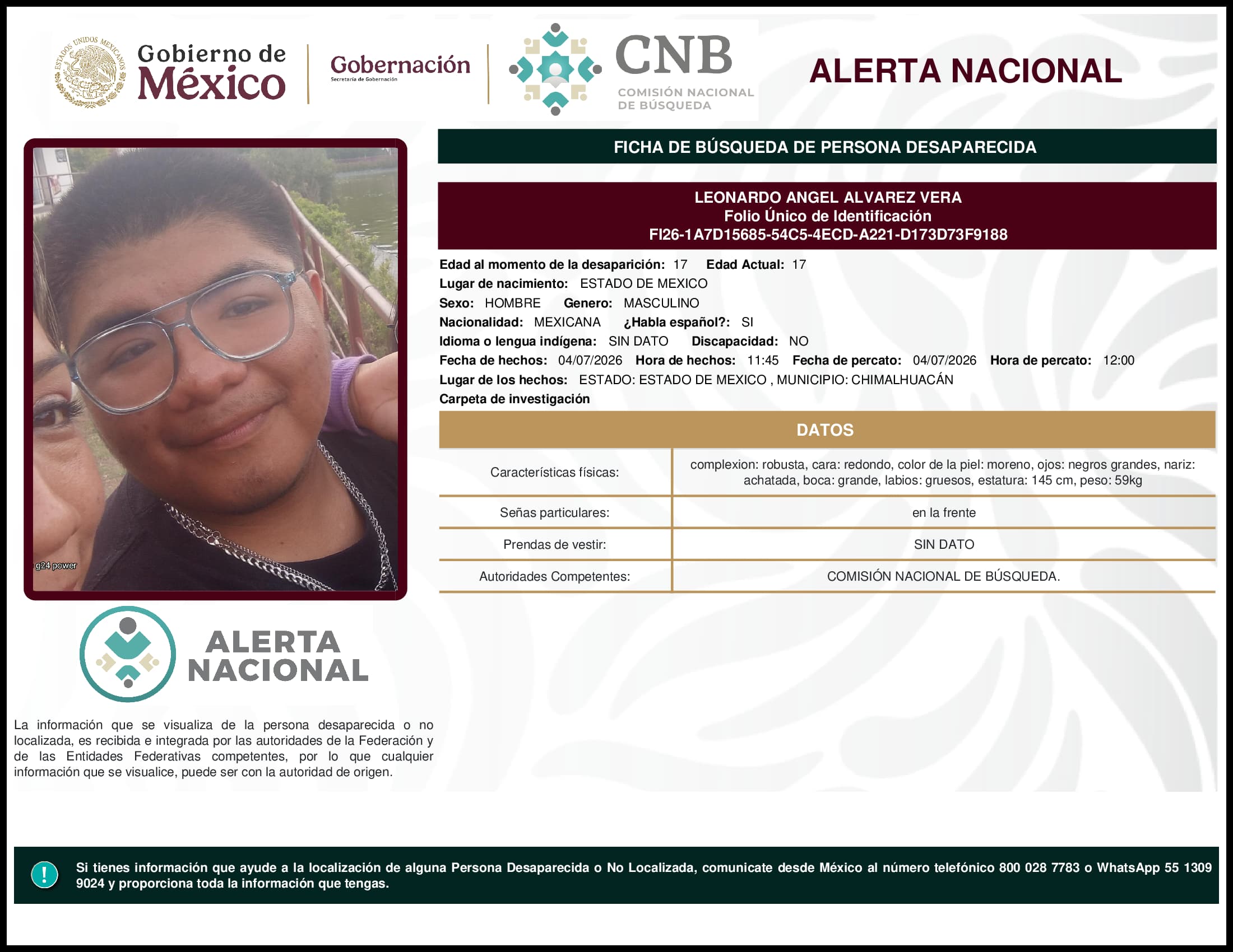 Persona desaparecida Leonardo Angel Alvarez Vera