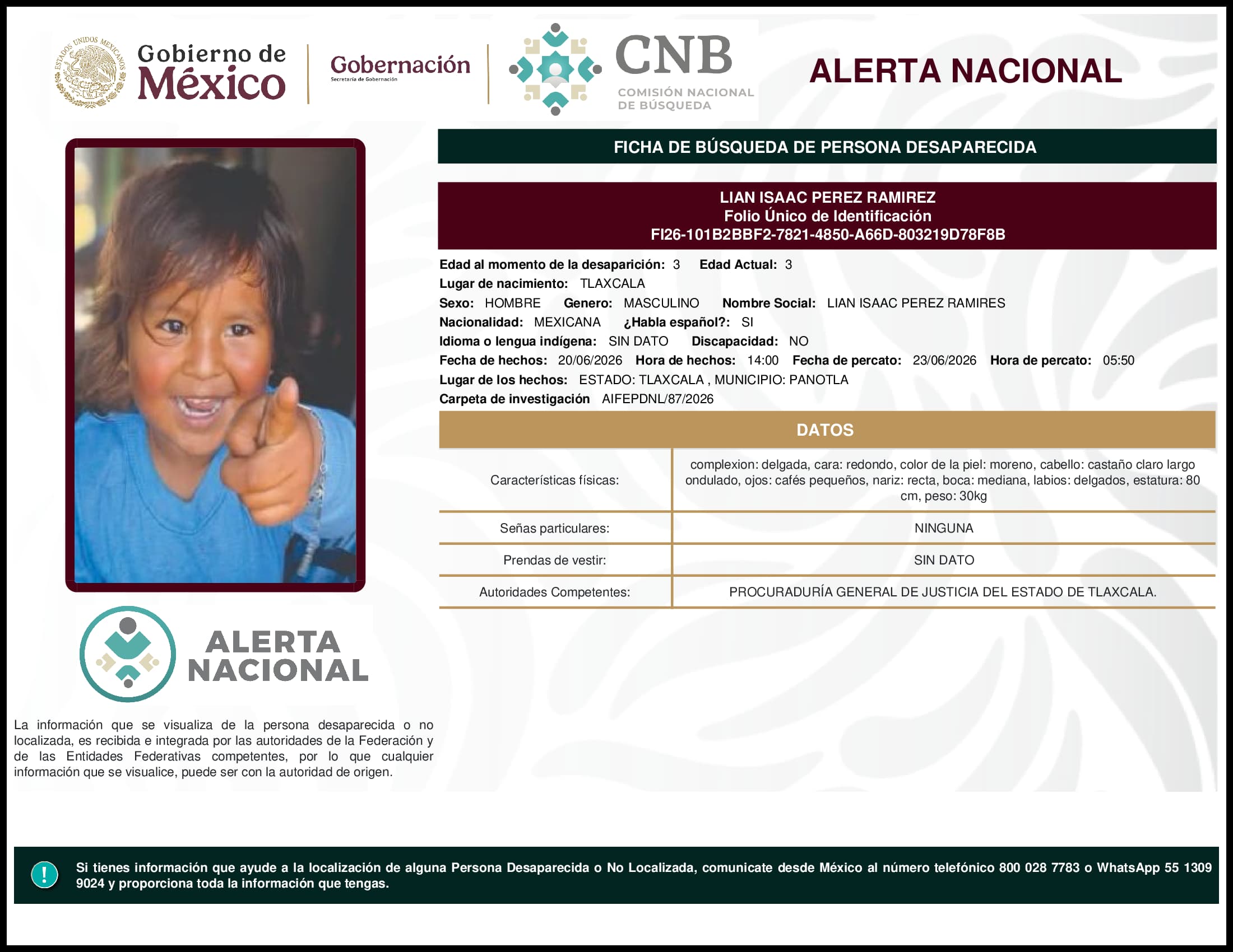 Persona desaparecida Lian Isaac Perez Ramirez