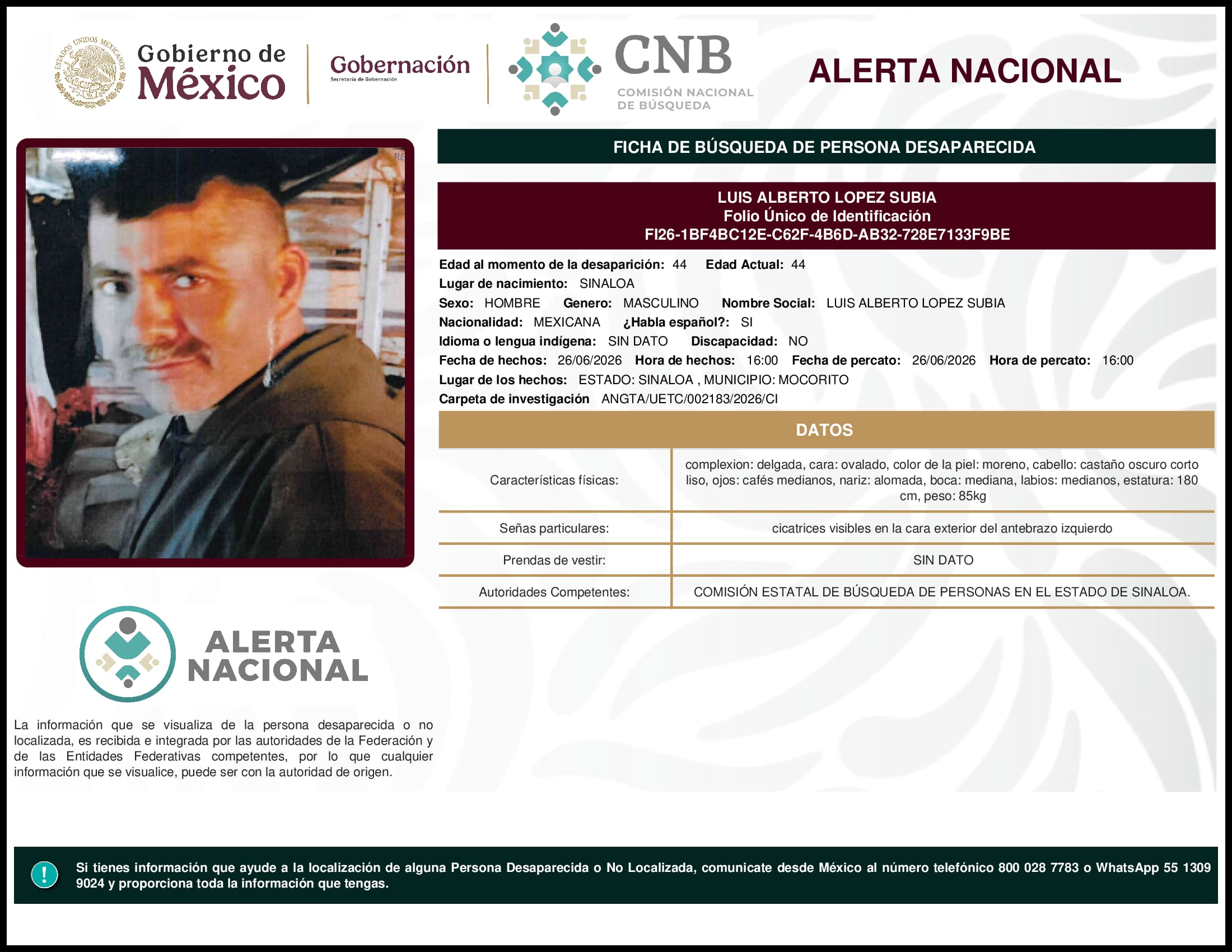 Persona desaparecida Luis Alberto Lopez Subia
