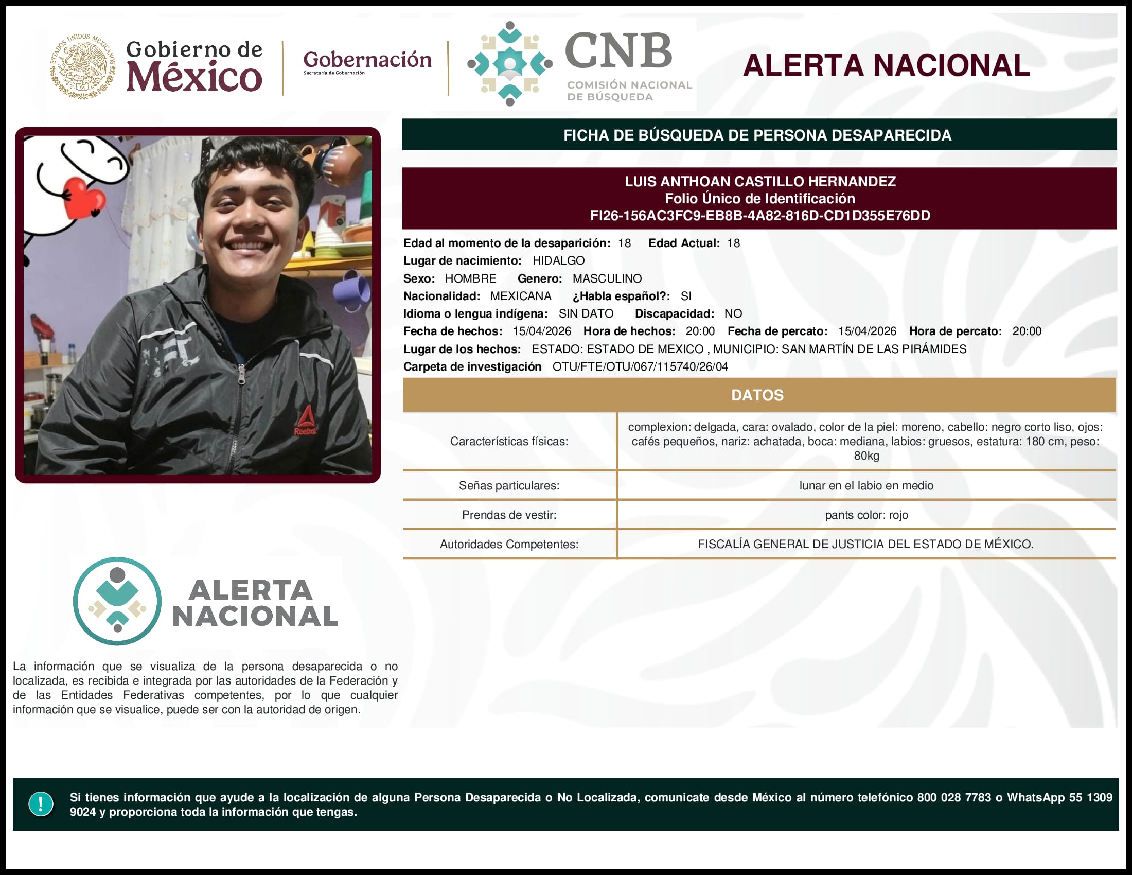 Persona desaparecida Luis Anthoan Castillo Hernandez