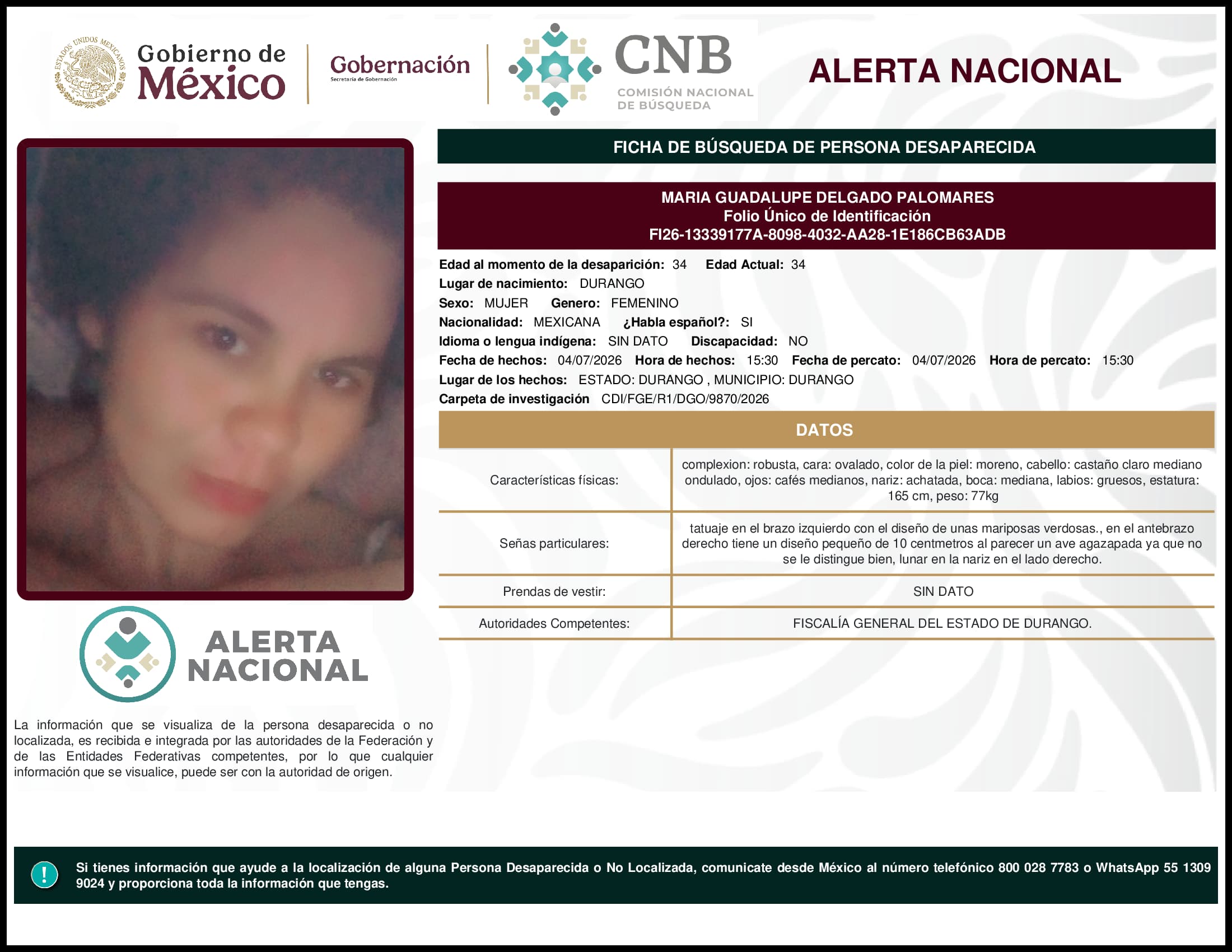 Persona desaparecida Maria Guadalupe Delgado Palomares