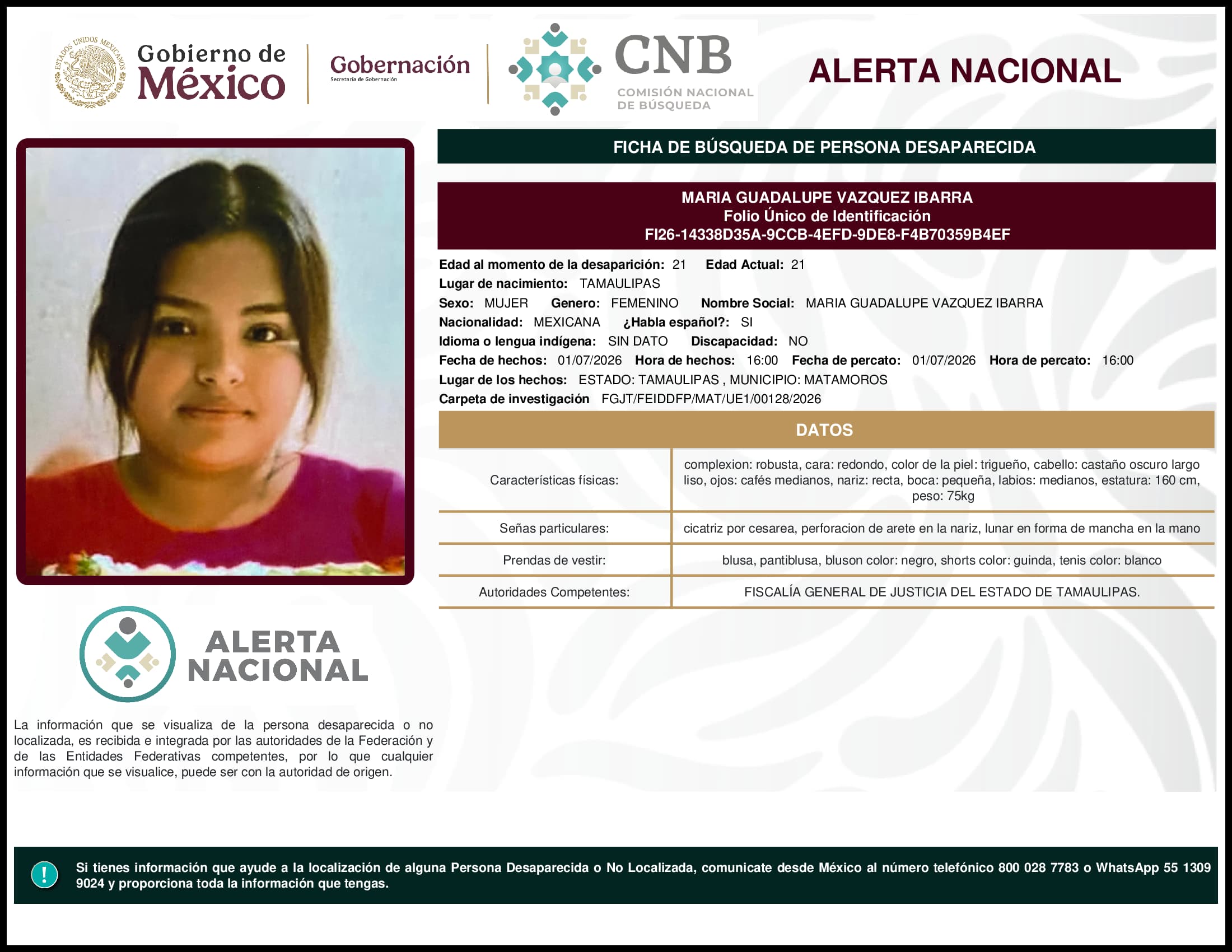 Persona desaparecida Maria Guadalupe Vazquez Ibarra