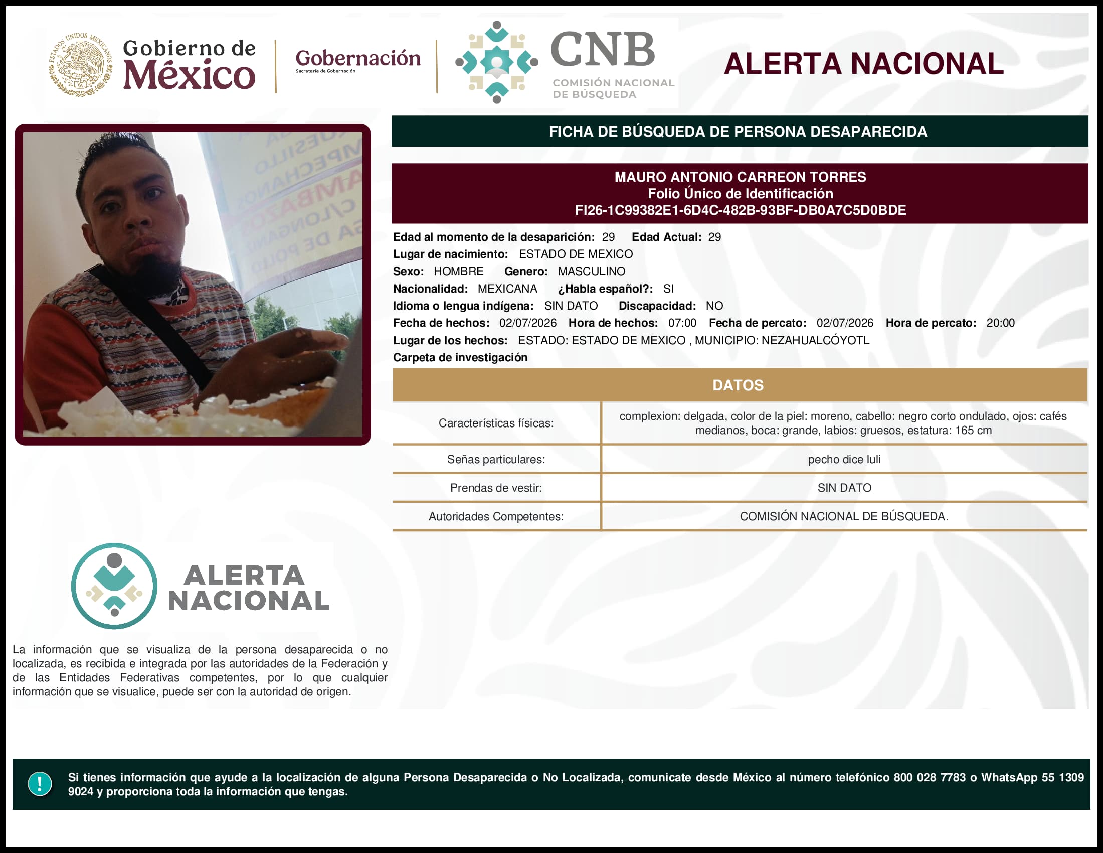 Persona desaparecida Mauro Antonio Carreon Torres