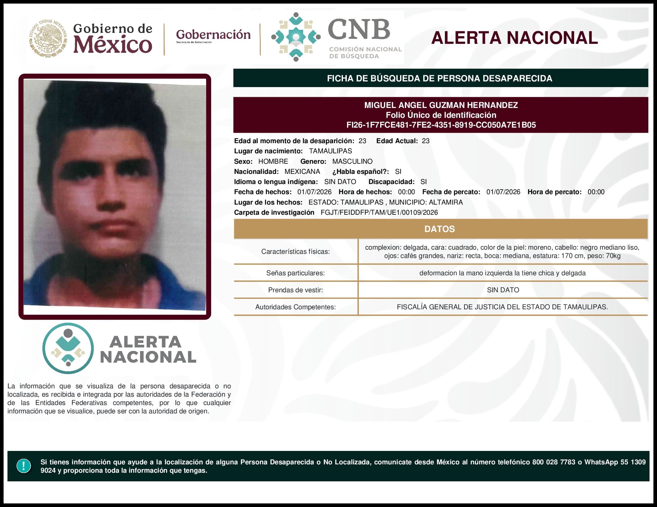 Persona desaparecida Miguel Angel Guzman Hernandez