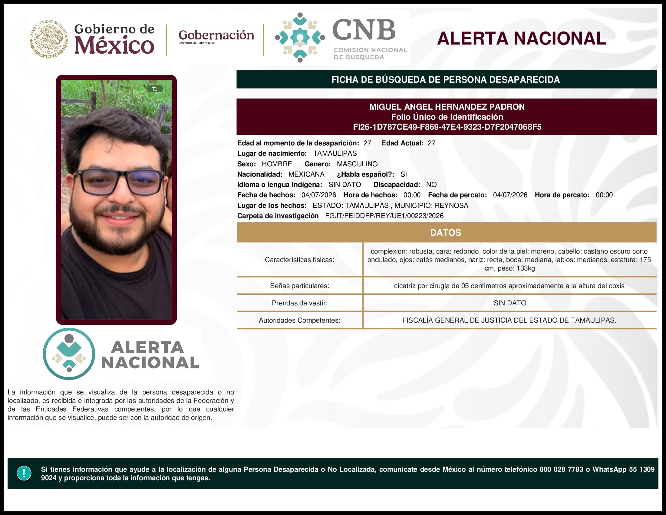 Persona desaparecida Miguel Angel Hernandez Padron