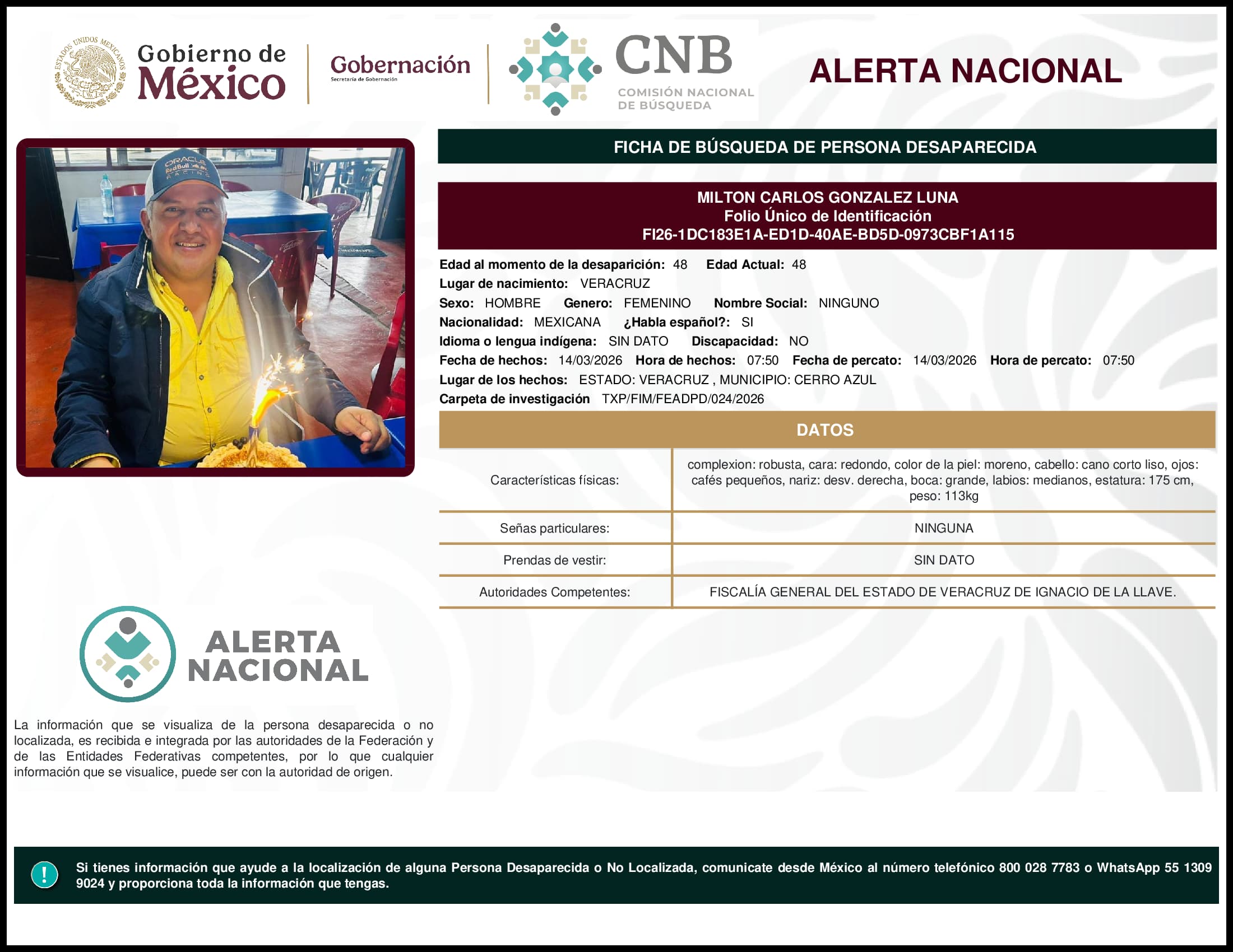 Persona desaparecida Milton Carlos Gonzalez Luna