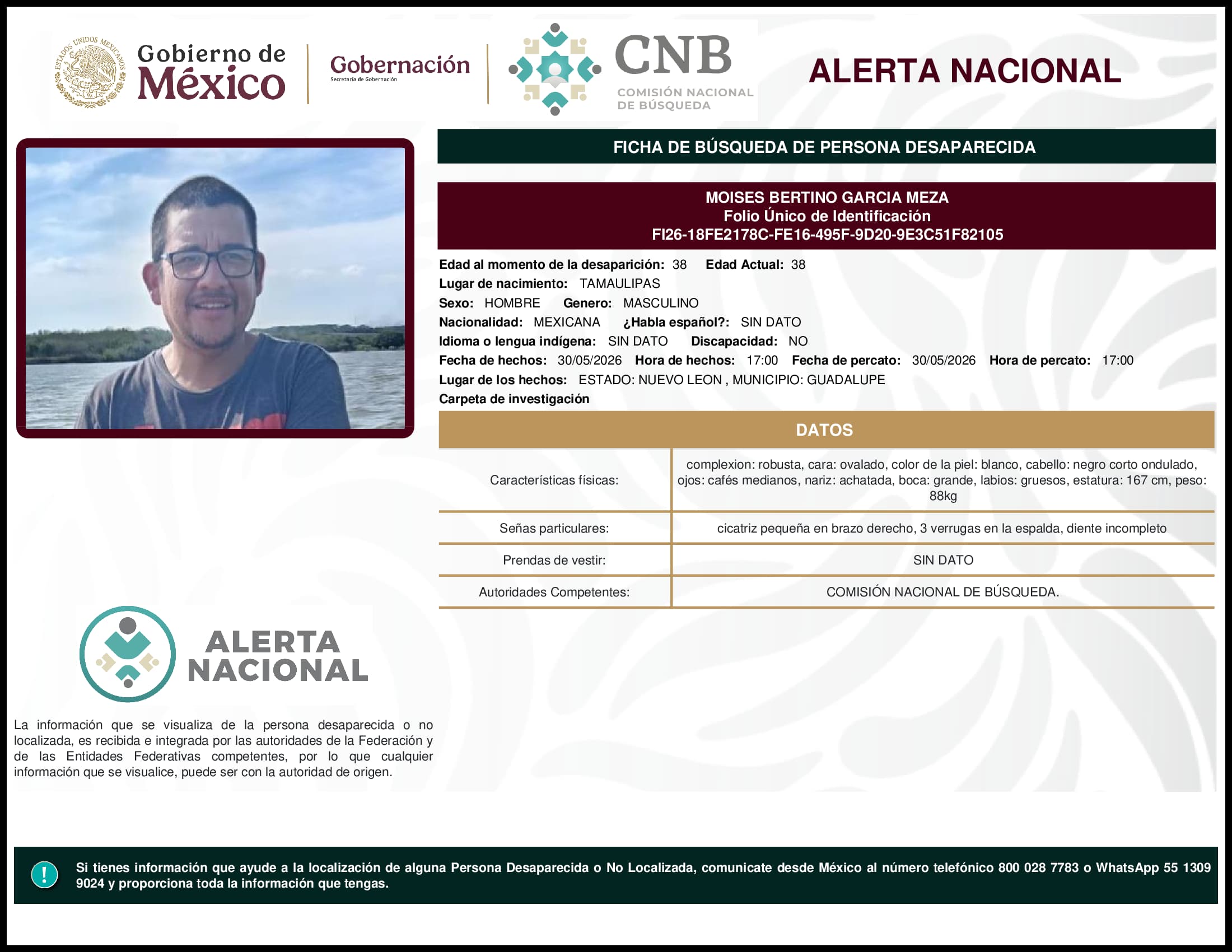 Persona desaparecida Moises Bertino Garcia Meza