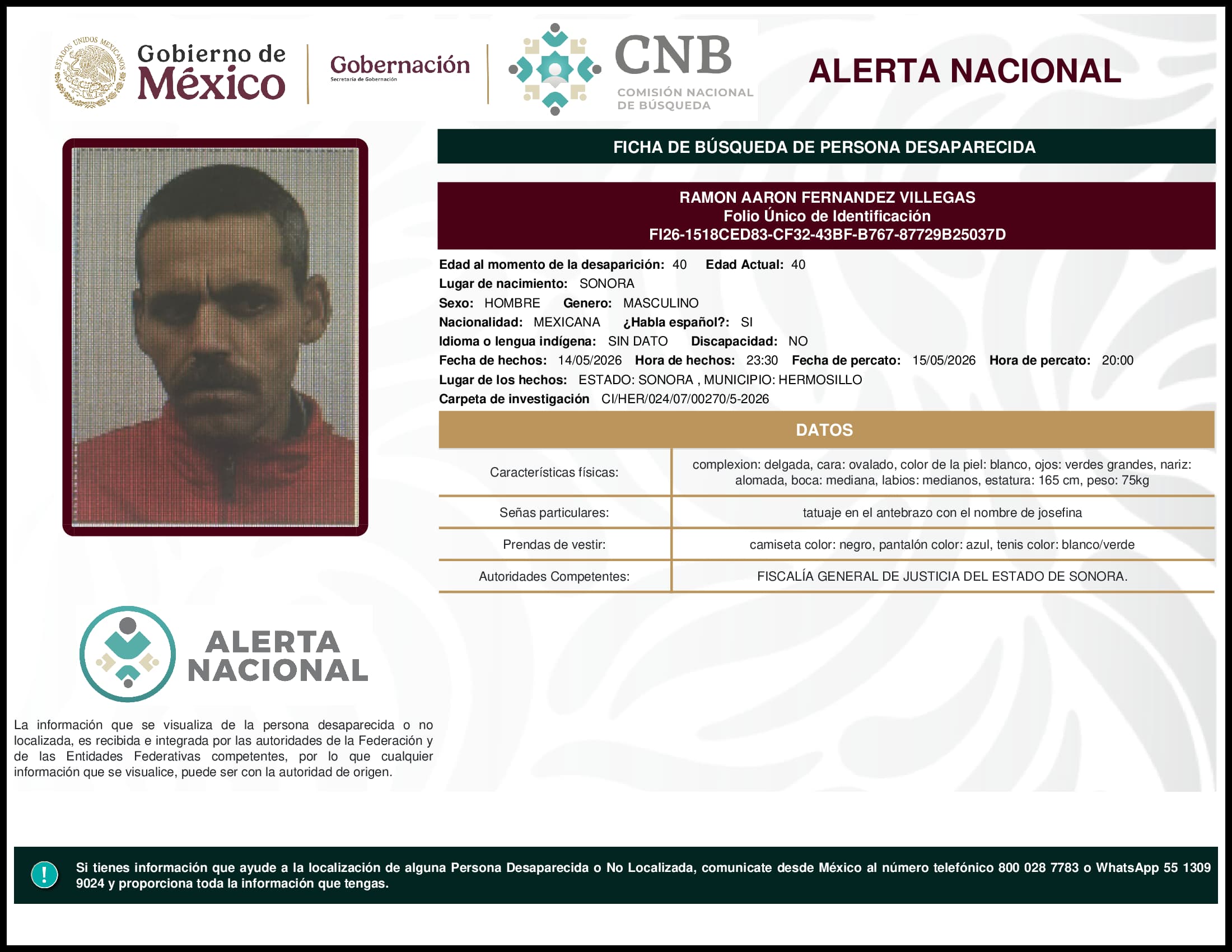 Persona desaparecida Ramon Aaron Fernandez Villegas