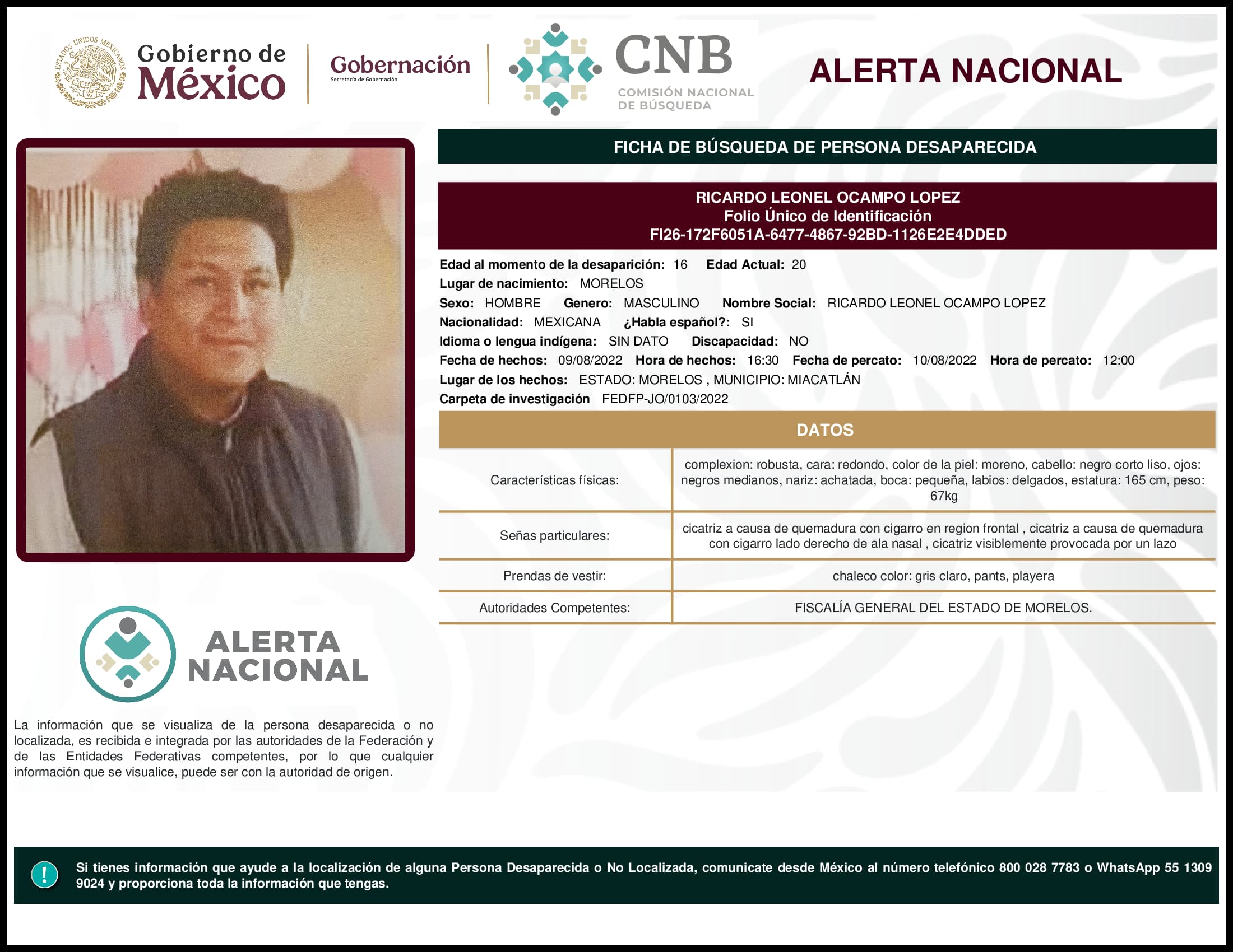 Persona desaparecida Ricardo Leonel Ocampo Lopez