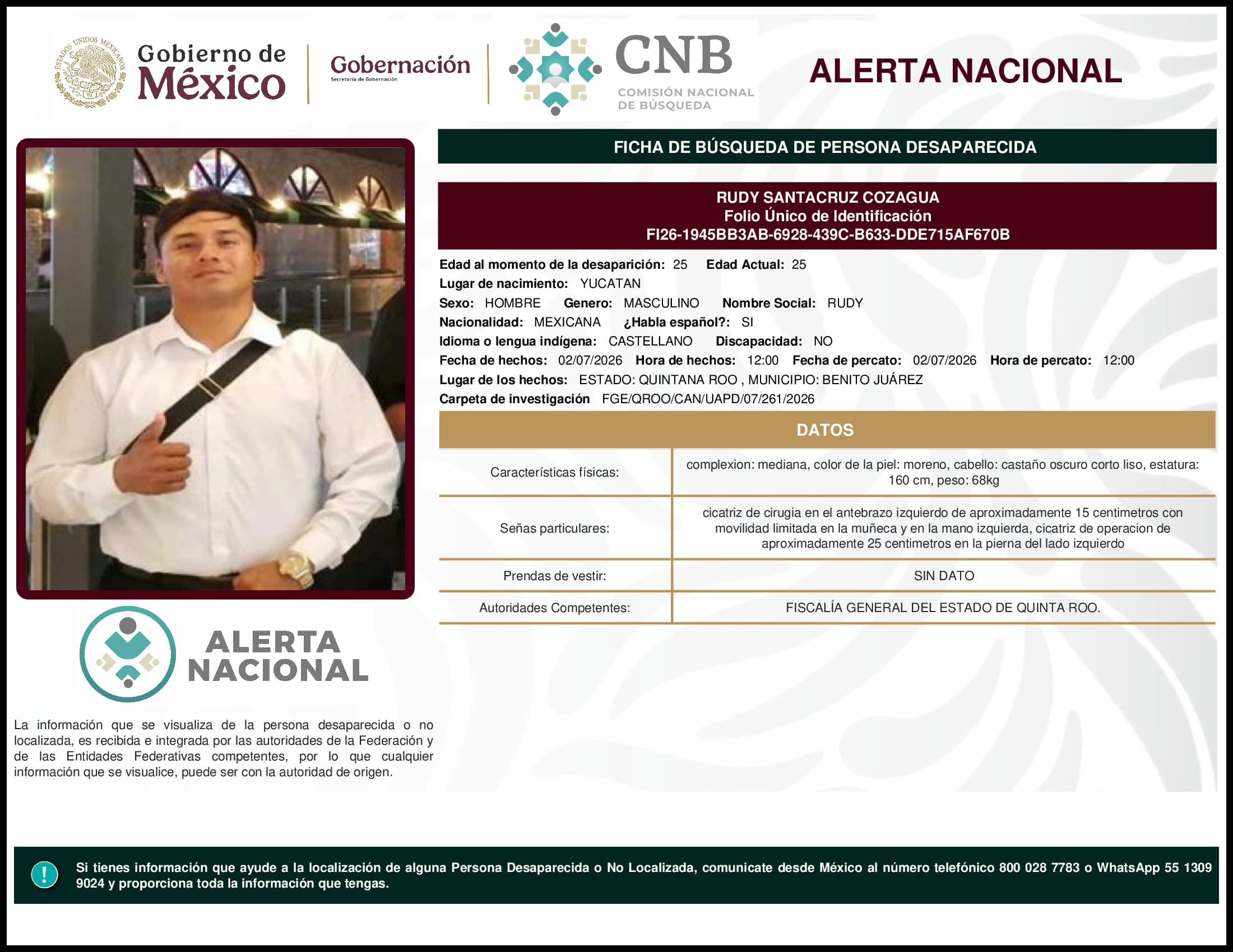 Persona desaparecida Rudy Santacruz Cozagua