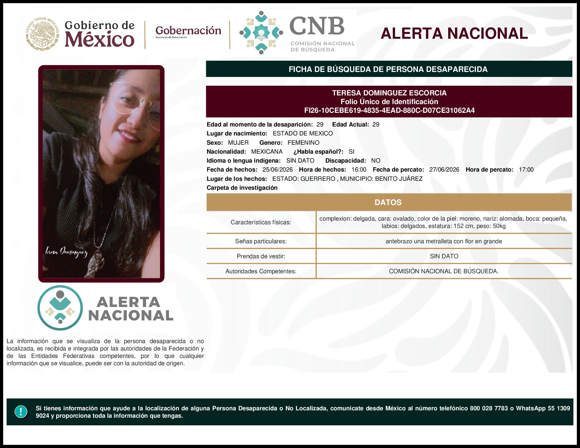 Persona desaparecida Teresa Dominguez Escorcia