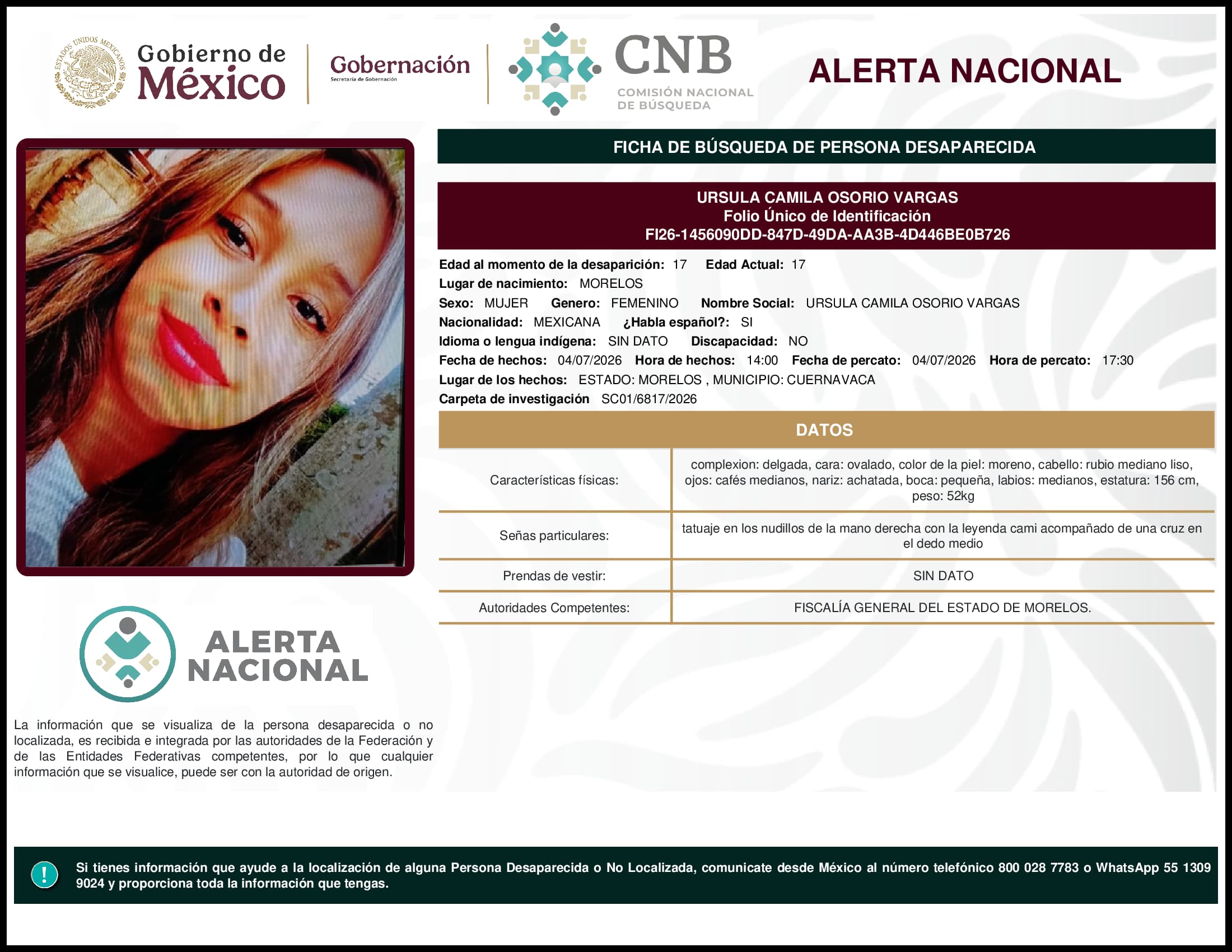Persona desaparecida Ursula Camila Osorio Vargas