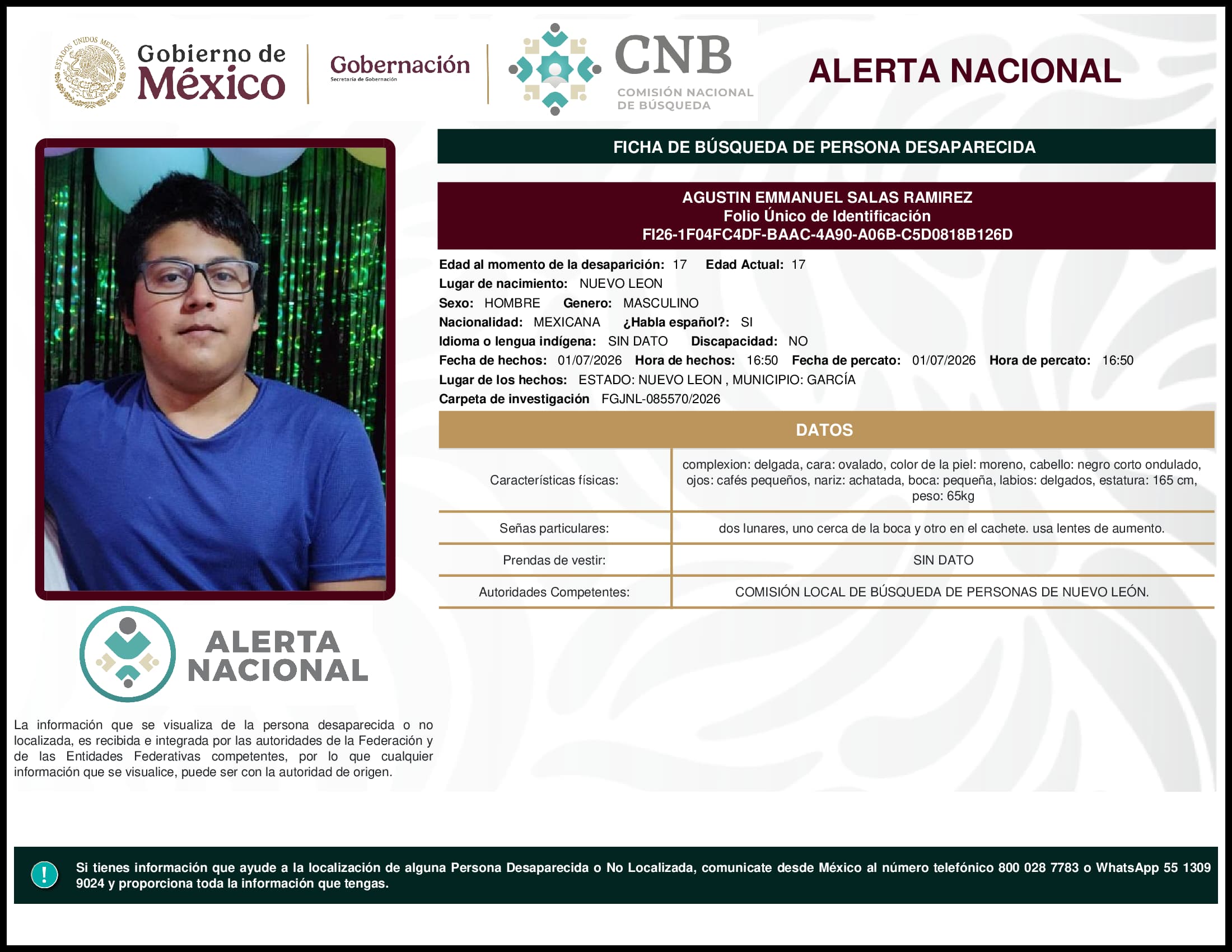 Persona desaparecida Agustin Emmanuel Salas Ramirez