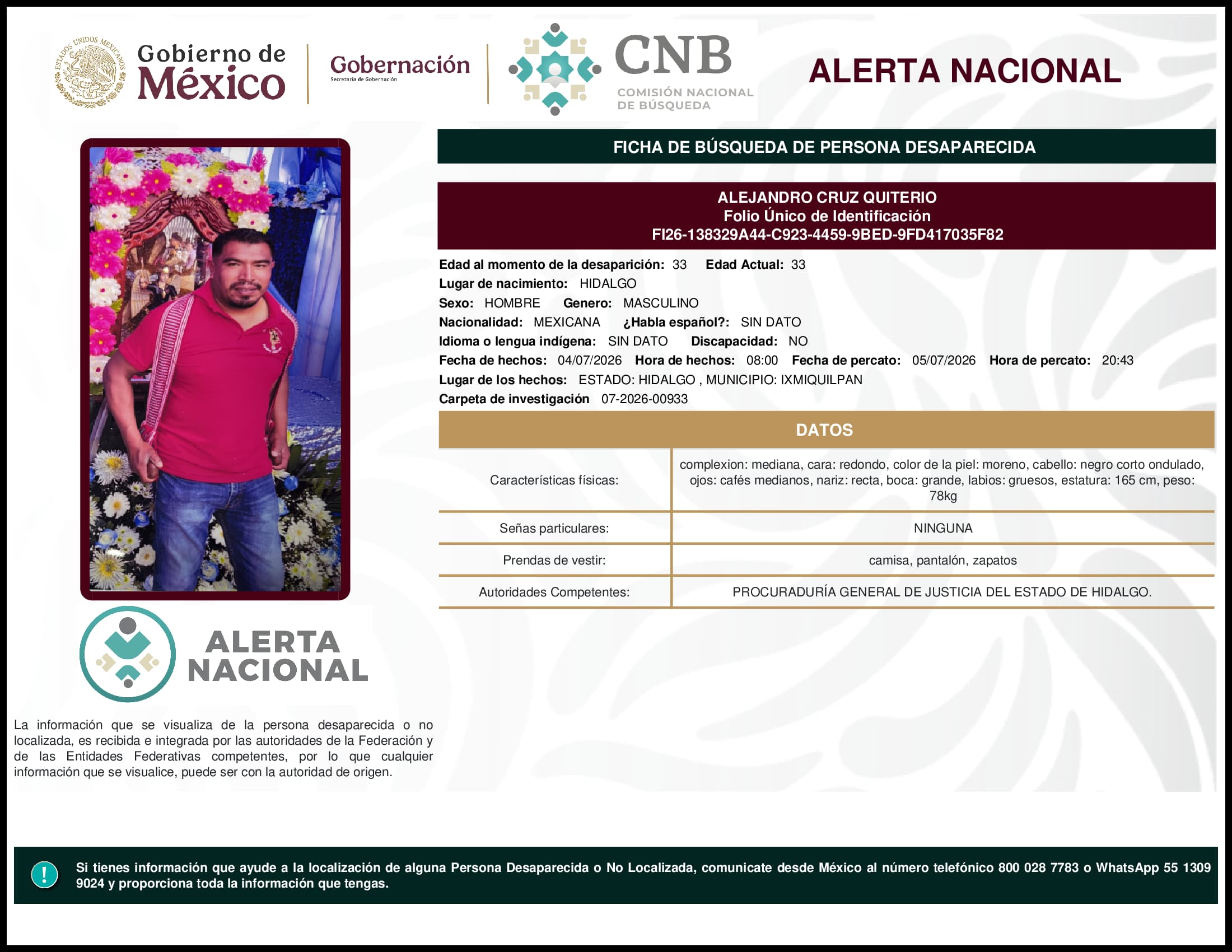 Persona desaparecida Alejandro Cruz Quiterio