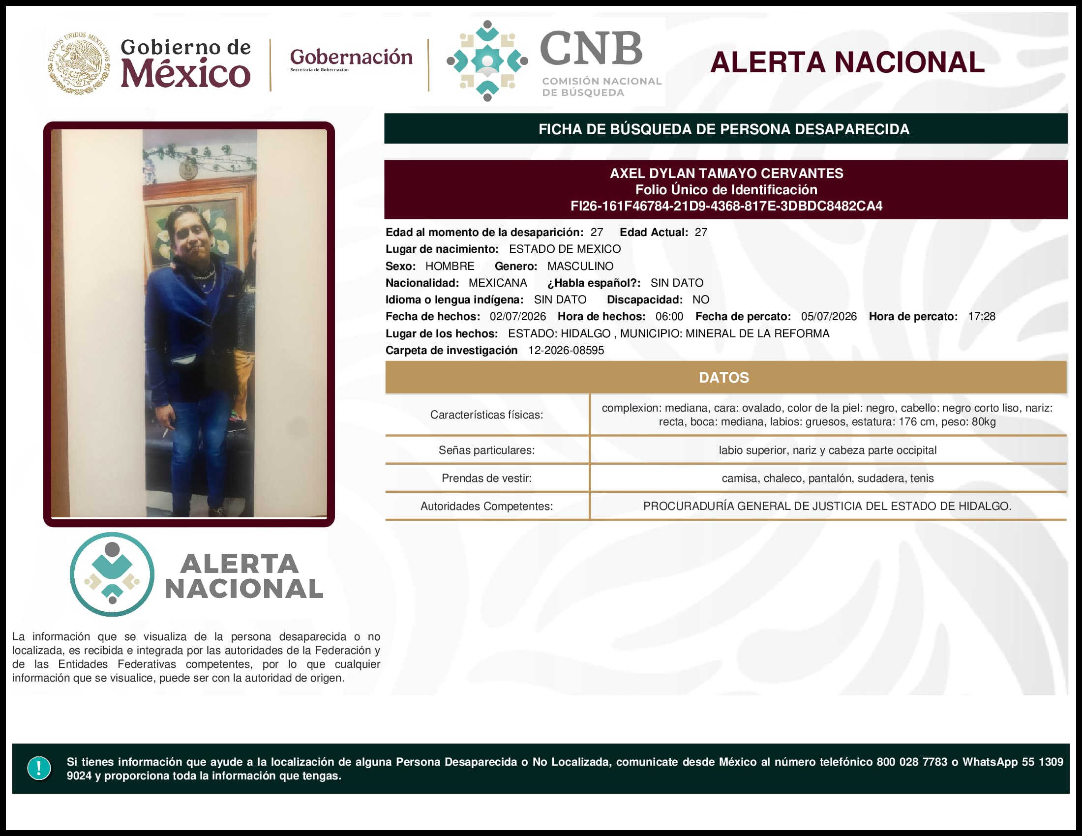 Persona desaparecida Axel Dylan Tamayo Cervantes