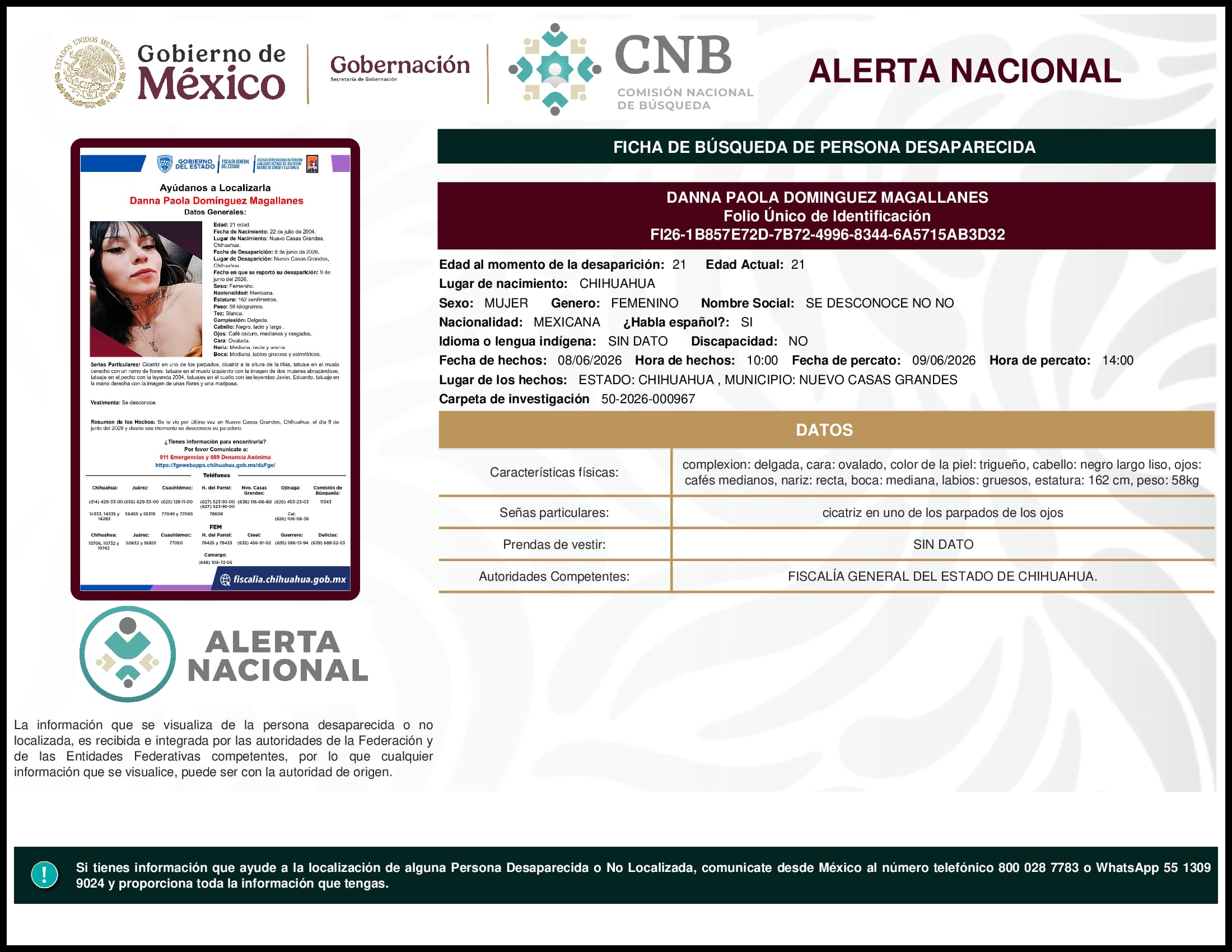 Persona desaparecida Danna Paola Dominguez Magallanes
