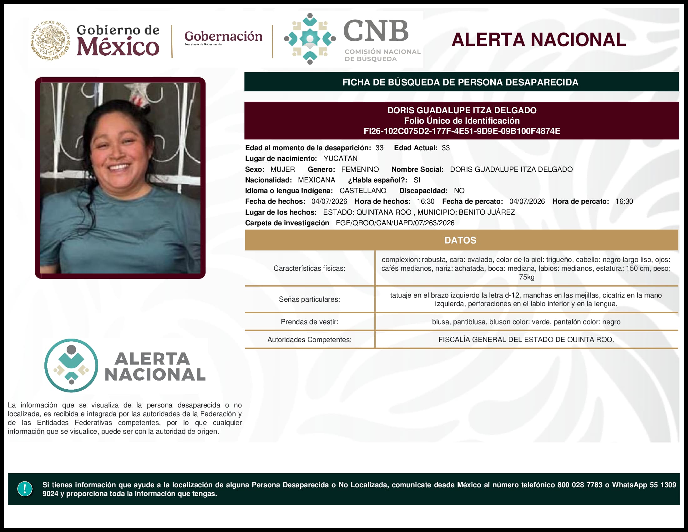 Persona desaparecida Doris Guadalupe Itza Delgado